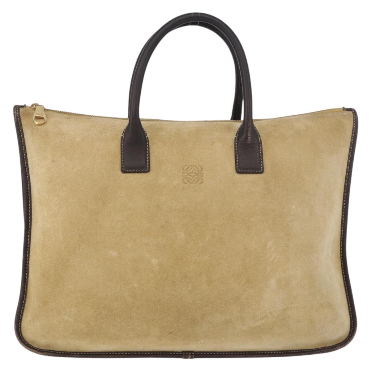 LOEWE Anagram Hand Bag Suede Beige Gold Auth ka5077