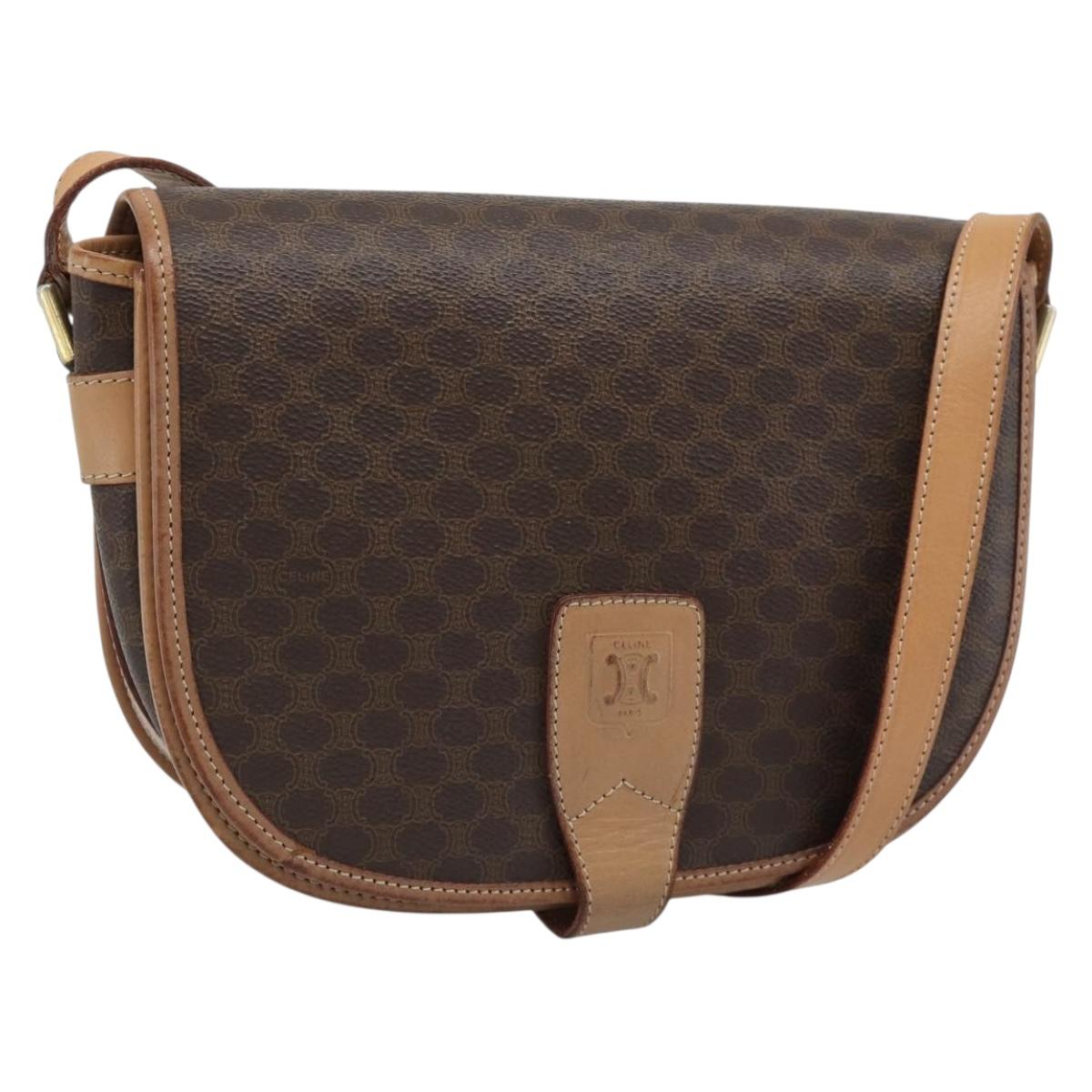 CELINE Macadam Canvas Shoulder Bag PVC Leather Brown Gold Auth ka5079