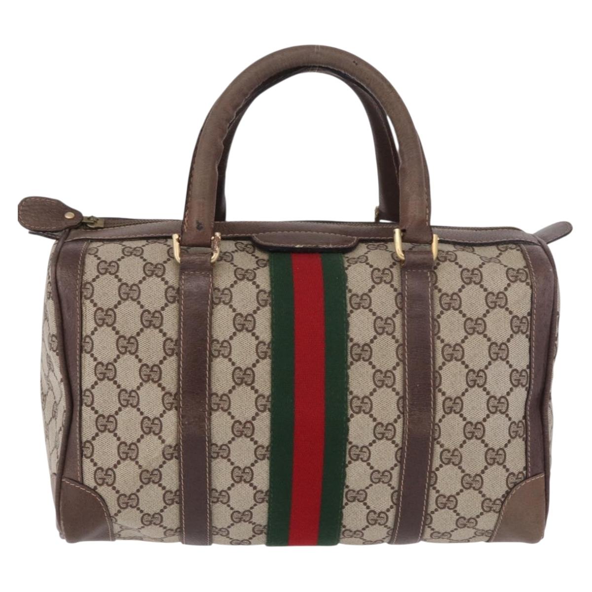 GUCCI GG Supreme Web Sherry Line Boston Bag PVC Beige Gold Auth ka5081