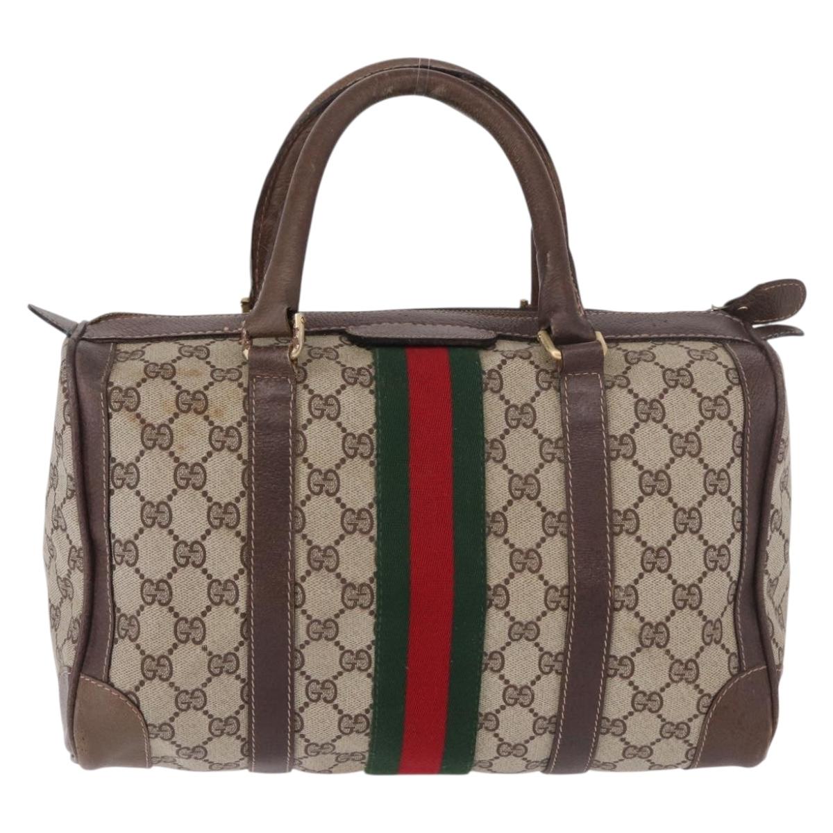 GUCCI GG Supreme Web Sherry Line Boston Bag PVC Beige Gold Auth ka5081