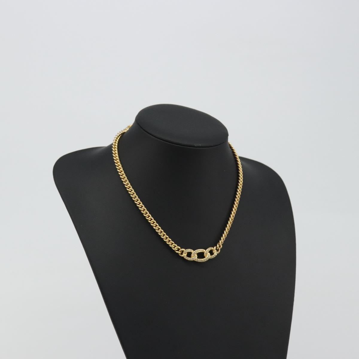 Christian Dior Rhinestone Necklace Metal Gold Tone Auth ka5106