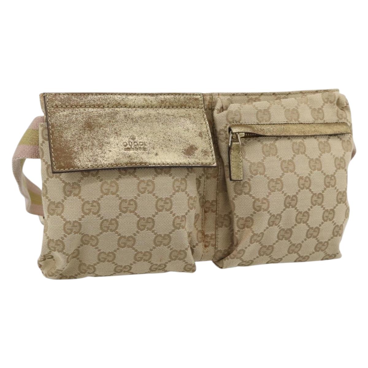 GUCCI GG Canvas Waist Bag Beige Gold 28566 Auth ka5124