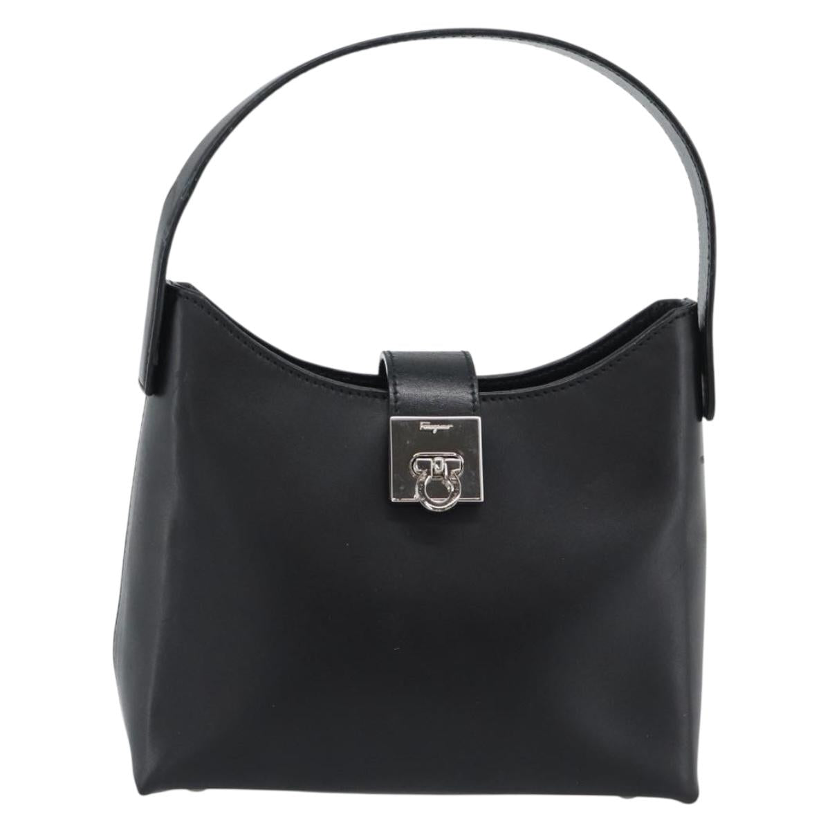 Salvatore Ferragamo Gancini Hand Bag Leather Black Silver Auth ka5126A