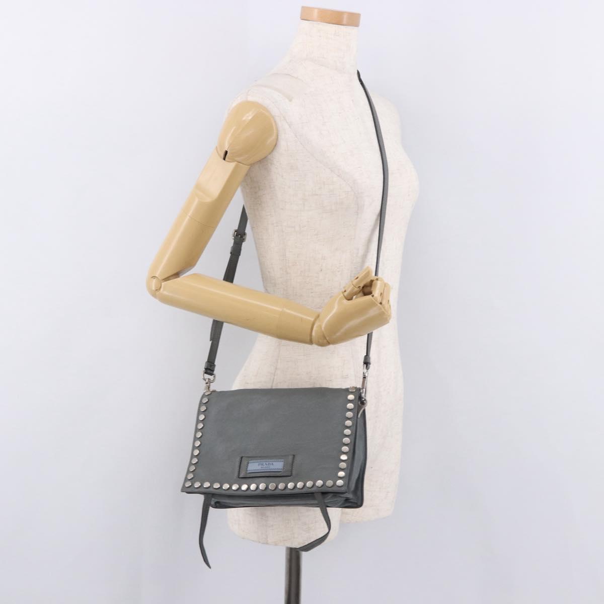PRADA Shoulder Bag Leather 2way Gray Silver Auth ka5129