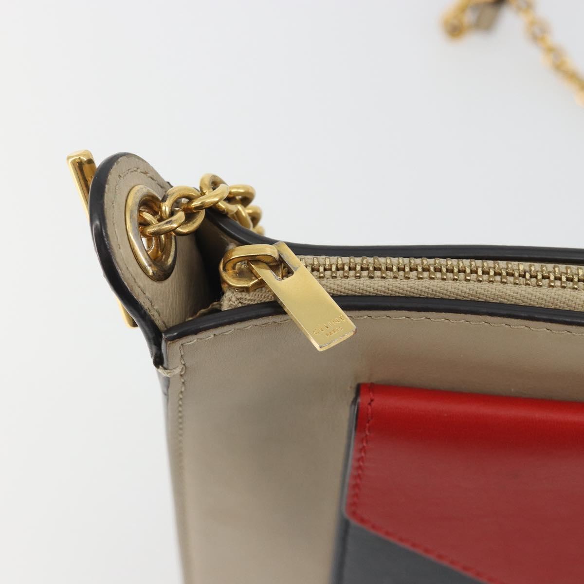 CELINE Chain Shoulder Bag Leather Beige Gold Auth ka5133A