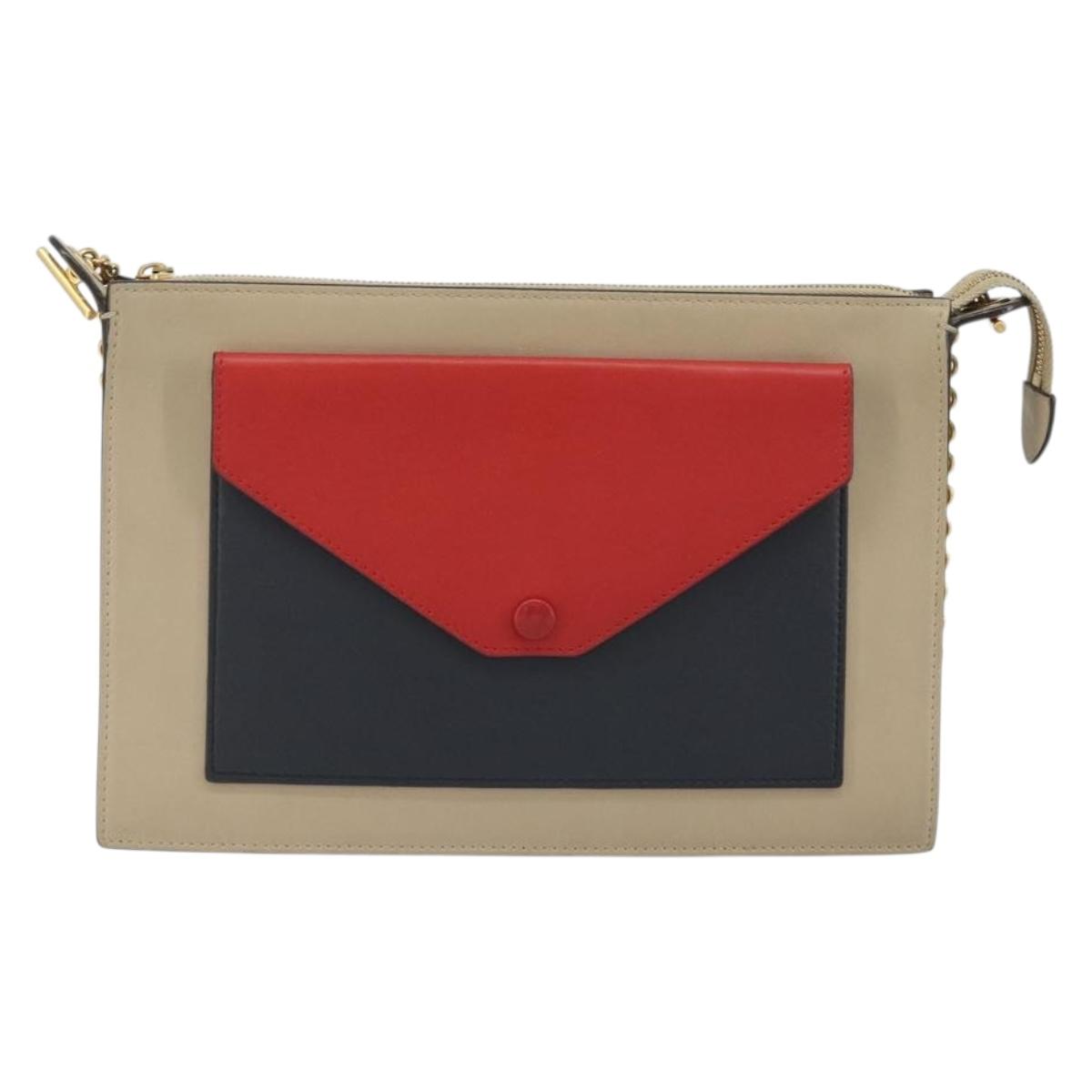 CELINE Chain Shoulder Bag Leather Beige Gold Auth ka5133A