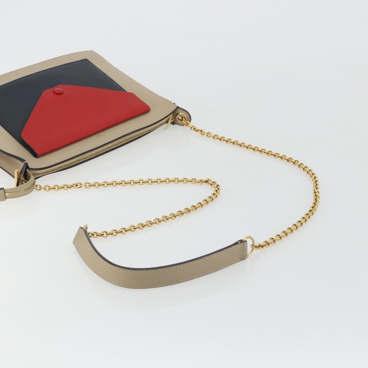 CELINE Chain Shoulder Bag Leather Beige Gold Auth ka5133A
