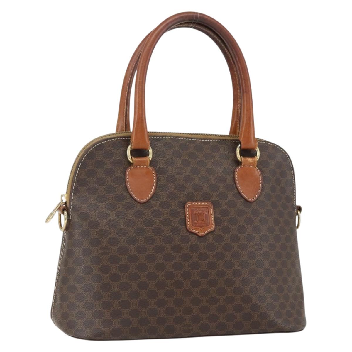 CELINE Macadam Canvas Hand Bag PVC Leather Brown Gold Auth ka514