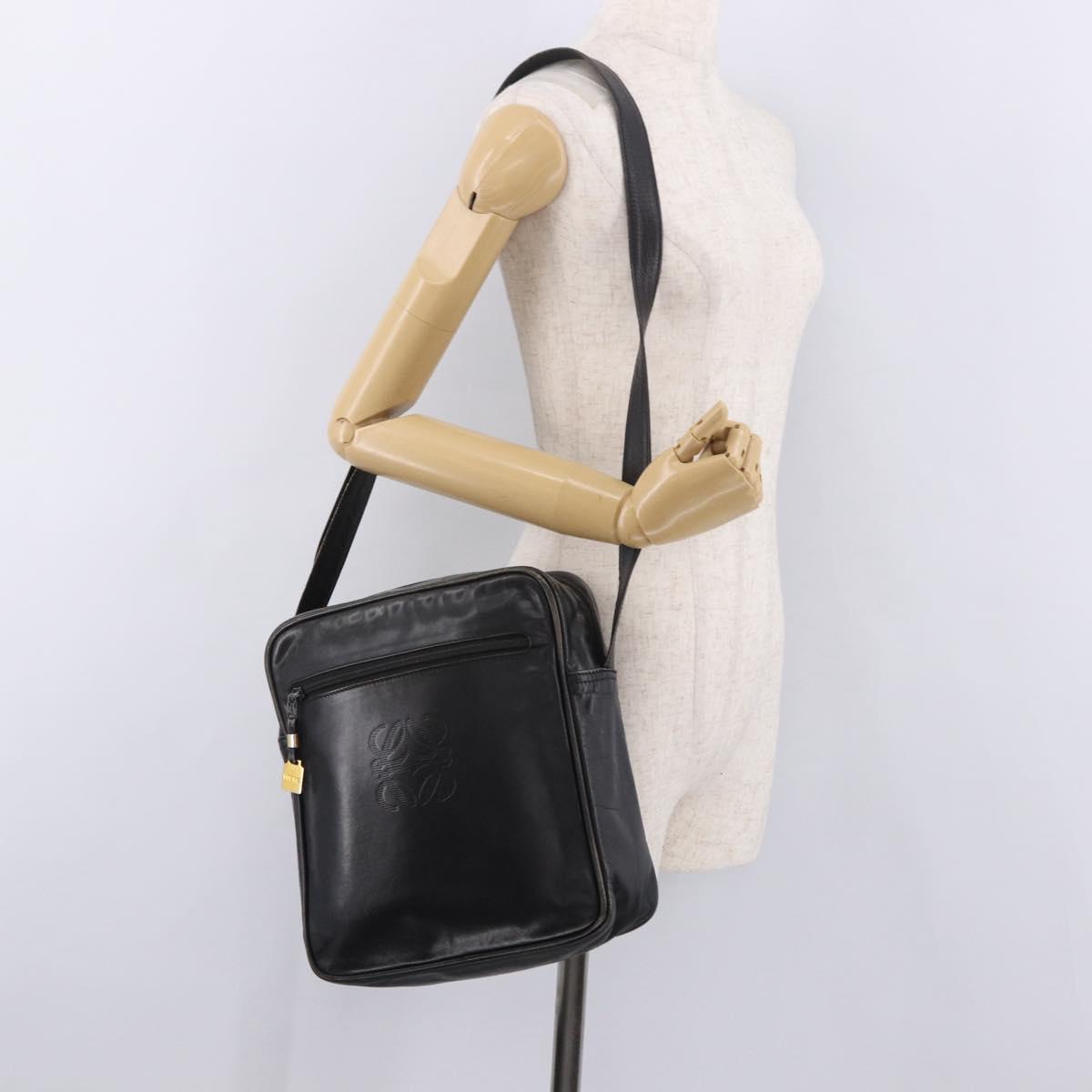 LOEWE Anagram Shoulder Bag Leather Black Gold Auth ka5143