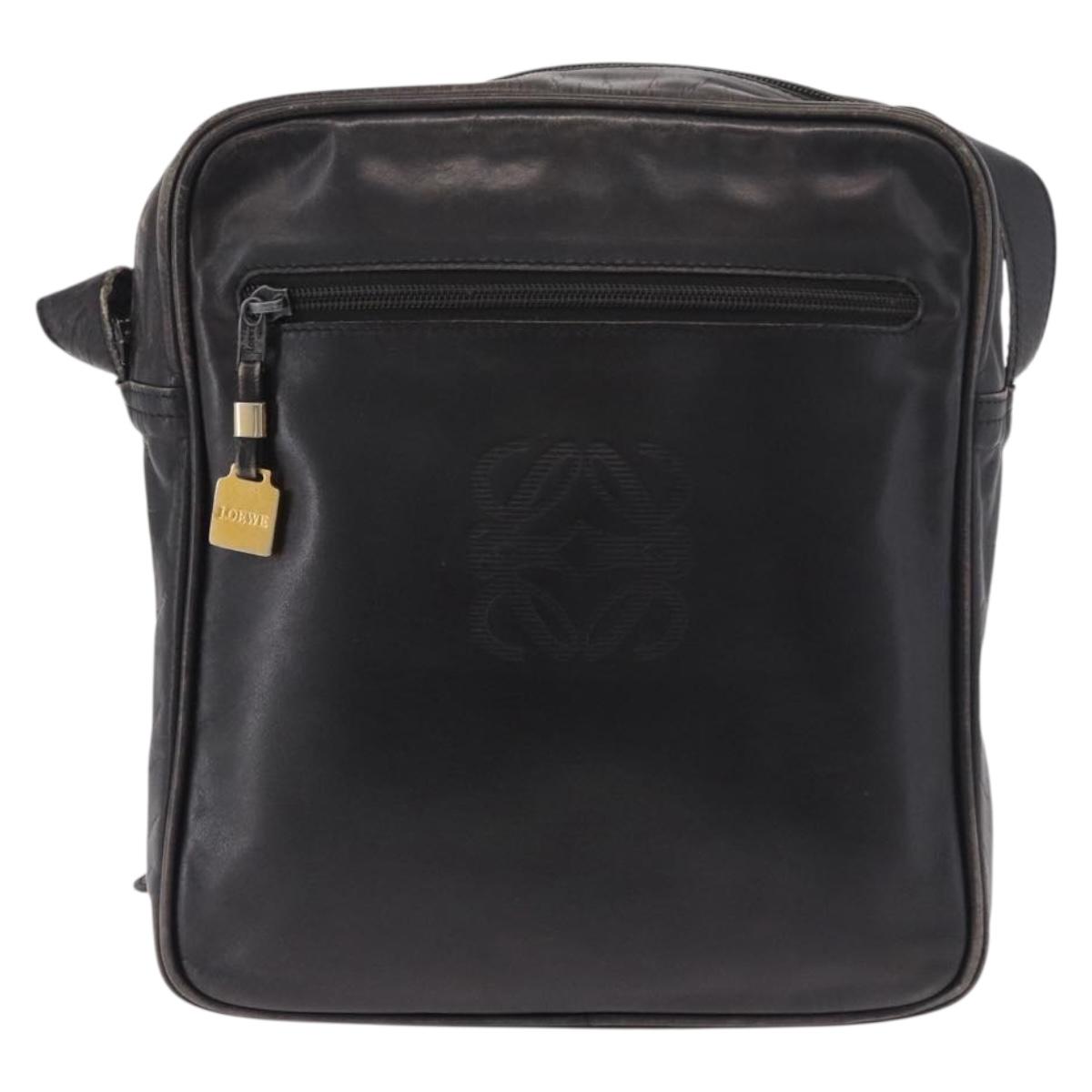 LOEWE Anagram Shoulder Bag Leather Black Gold Auth ka5143
