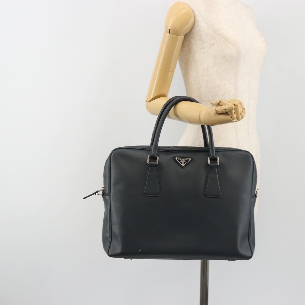 PRADA Business Bag Saffiano leather Navy Silver Auth ka5145