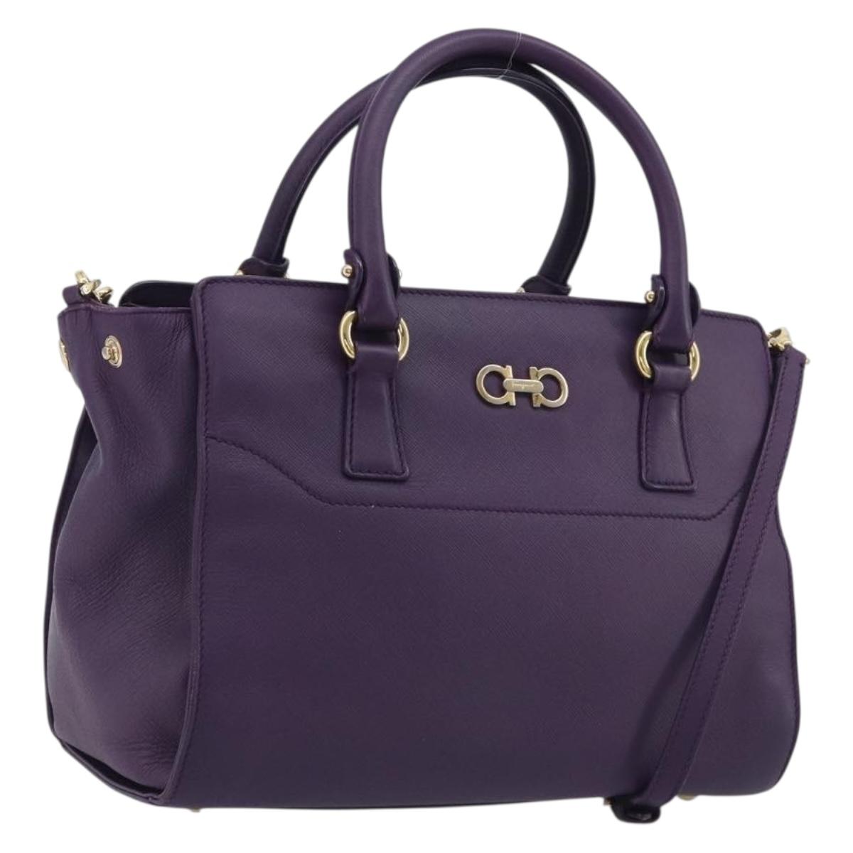 Salvatore Ferragamo Gancini Hand Bag Leather 2way Purple Gold Auth ka5151A