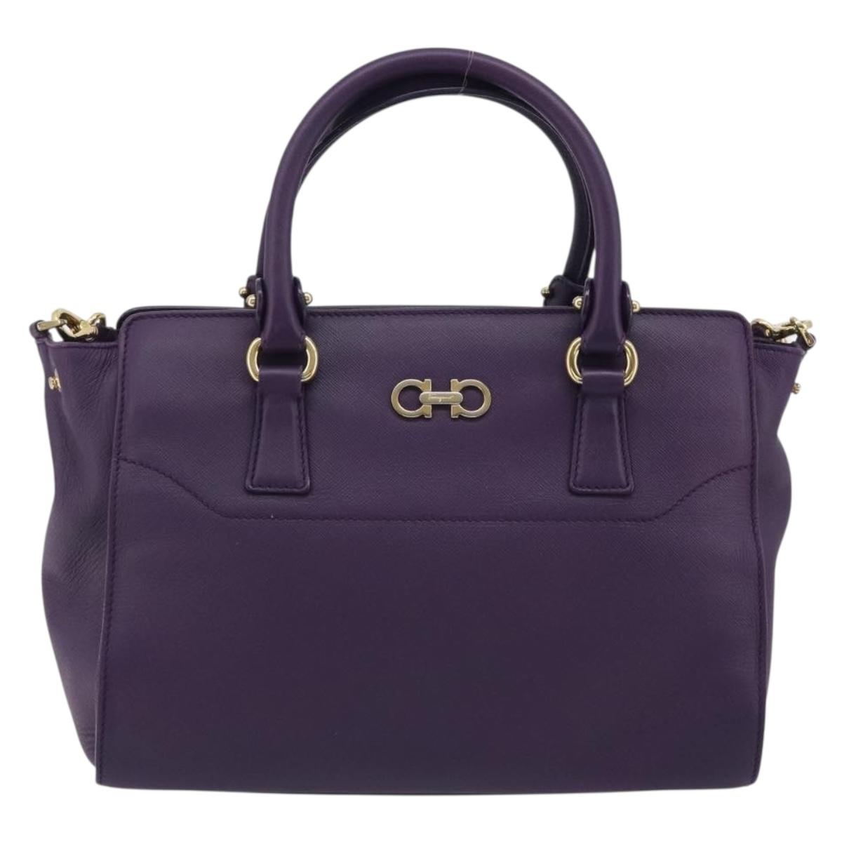 Salvatore Ferragamo Gancini Hand Bag Leather 2way Purple Gold Auth ka5151A