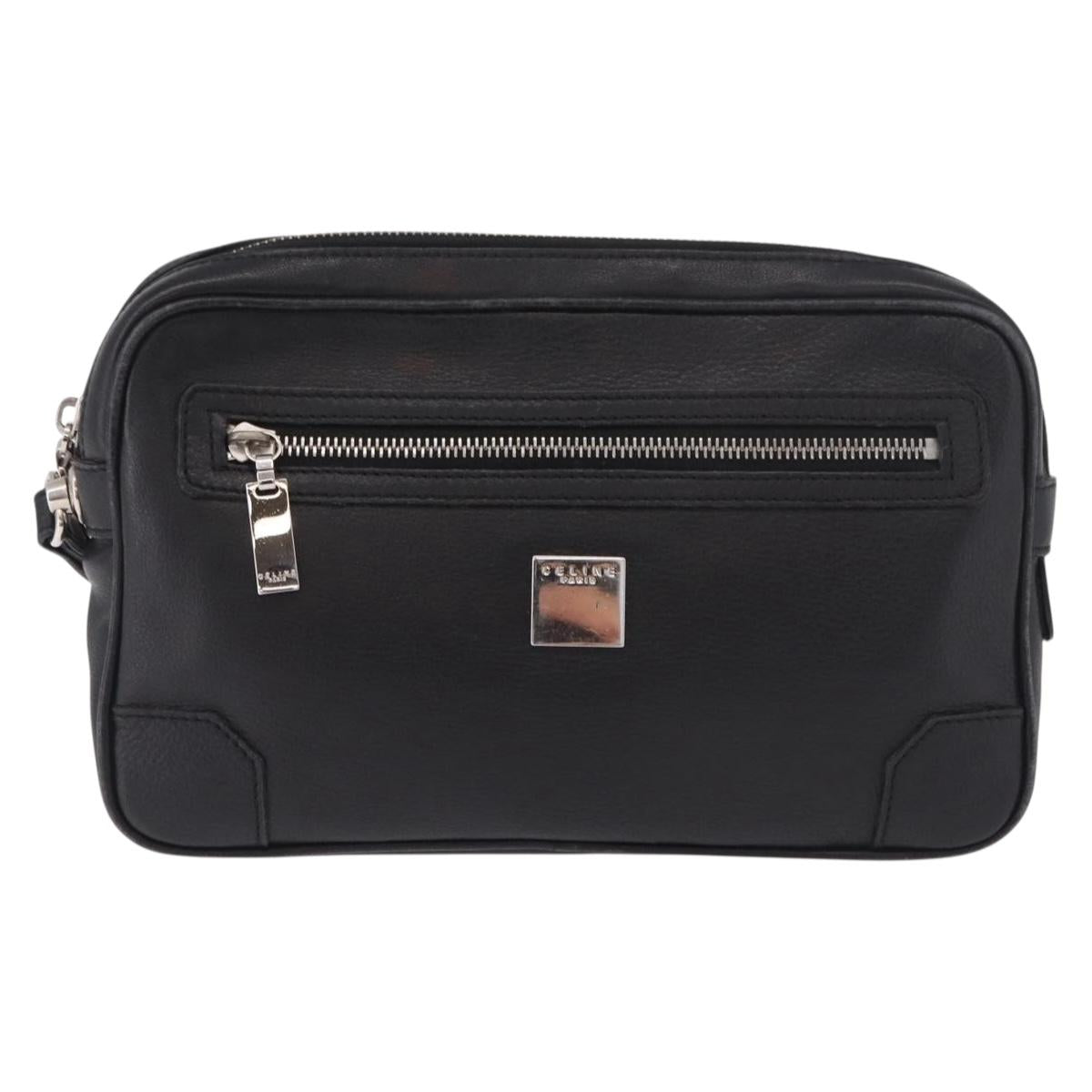 CELINE Clutch Bag Leather Black Silver Auth ka5153
