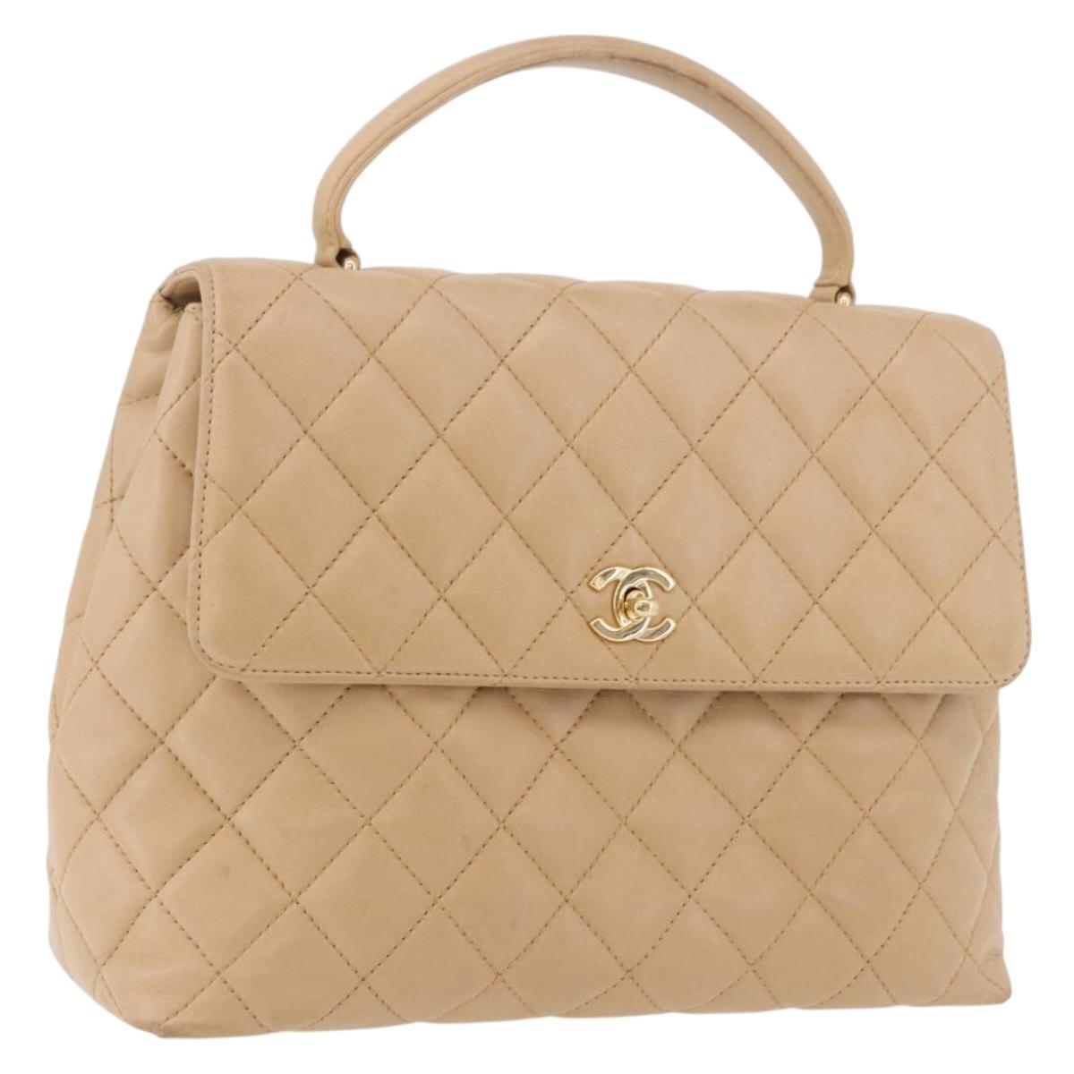 CHANEL Matelasse Hand Bag Lamb Skin Beige Gold CC Auth ka5163V