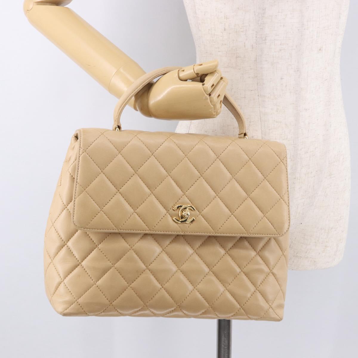 CHANEL Matelasse Hand Bag Lamb Skin Beige Gold CC Auth ka5163V