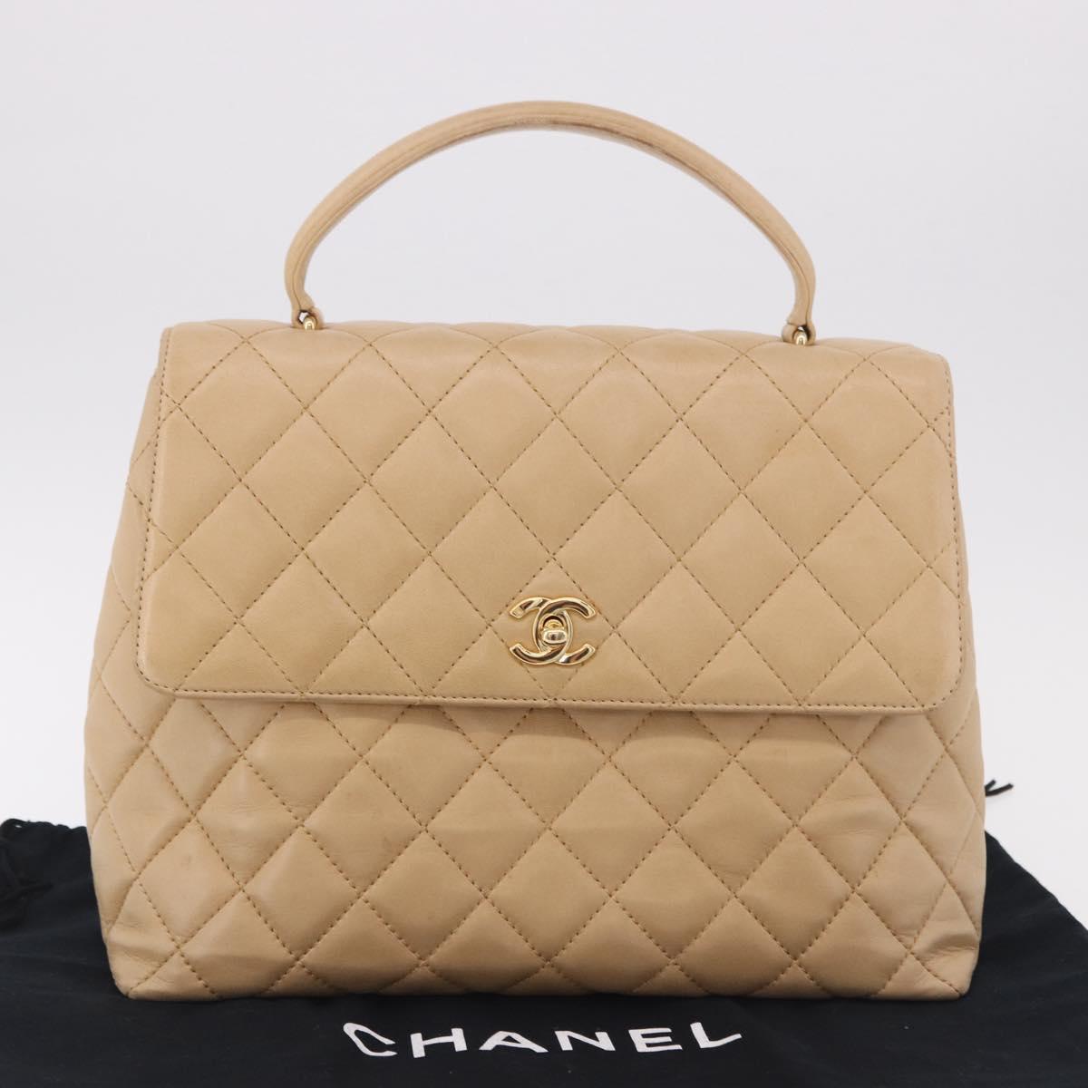 CHANEL Matelasse Hand Bag Lamb Skin Beige Gold CC Auth ka5163V