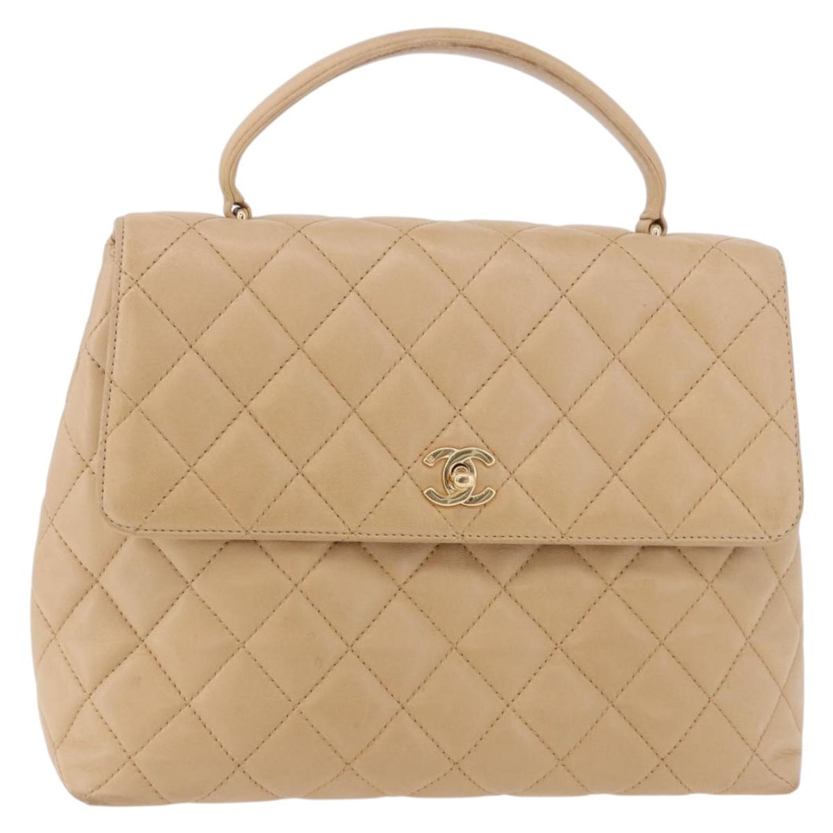 CHANEL Matelasse Hand Bag Lamb Skin Beige Gold CC Auth ka5163V