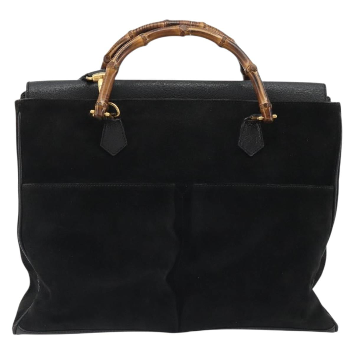 GUCCI Bamboo Hand Bag Suede 2way Black Gold 002 2855 Auth ka5206