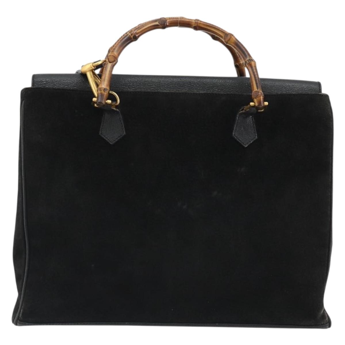 GUCCI Bamboo Hand Bag Suede 2way Black Gold 002 2855 Auth ka5206