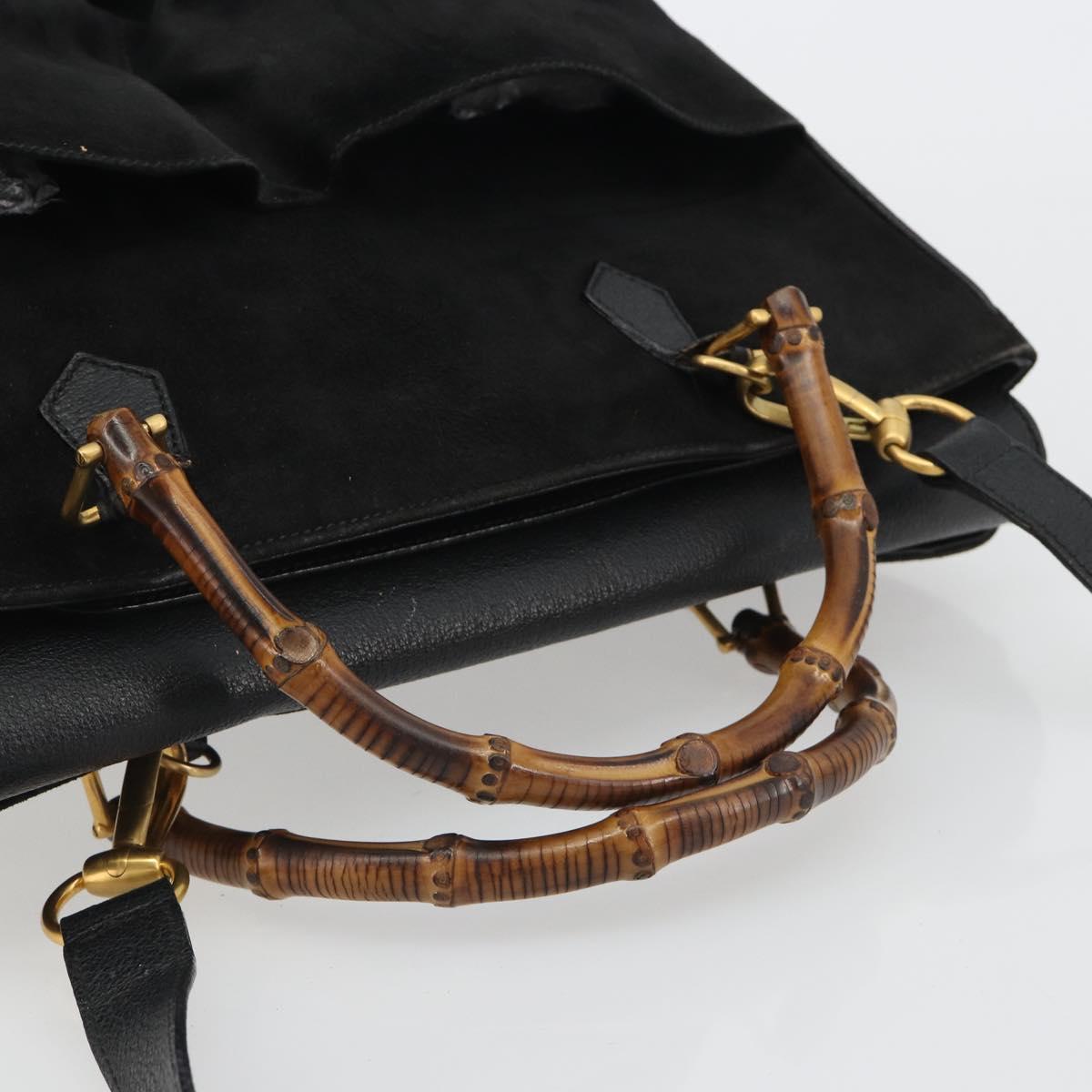 GUCCI Bamboo Hand Bag Suede 2way Black Gold 002 2855 Auth ka5206