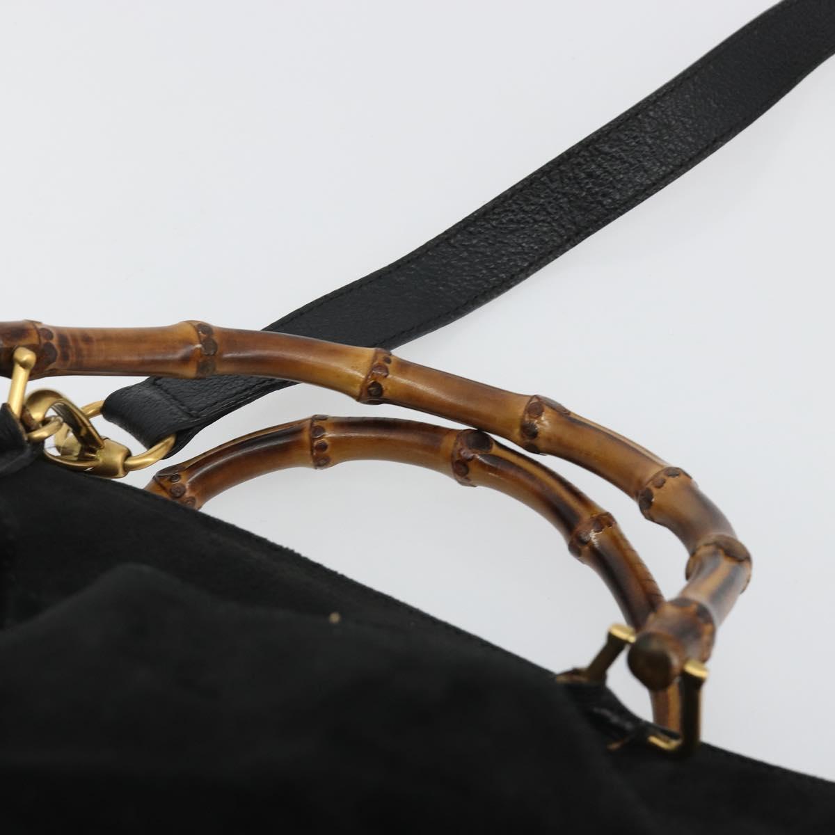 GUCCI Bamboo Hand Bag Suede 2way Black Gold 002 2855 Auth ka5206