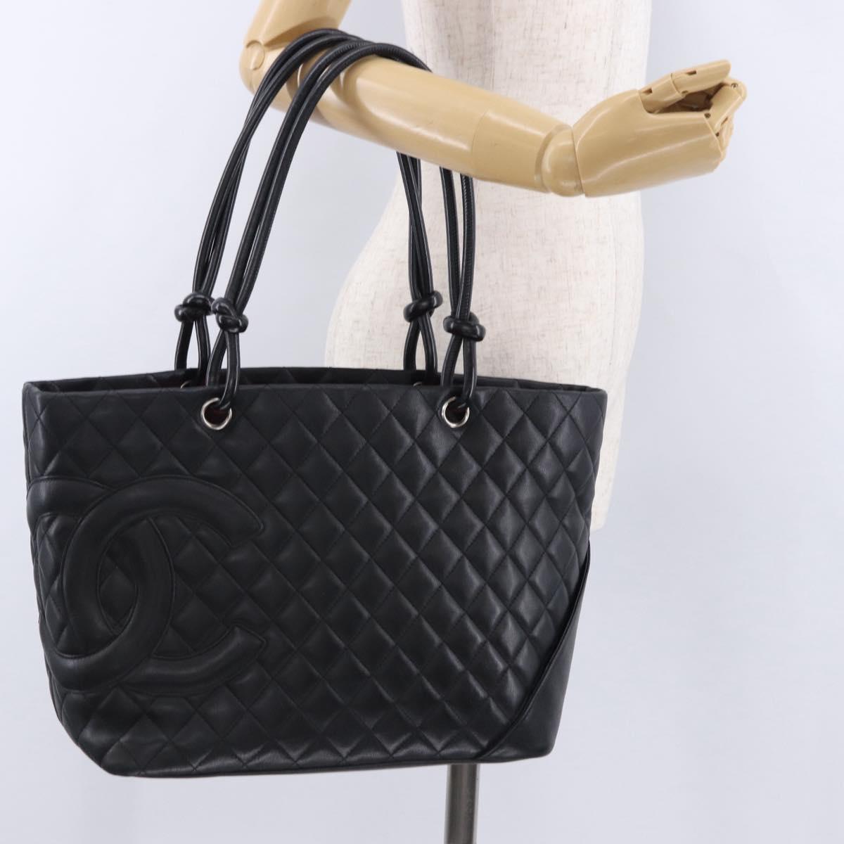 CHANEL Matelasse Cambon Line COCO Mark Tote Bag Leather Black CC Auth ka5210V