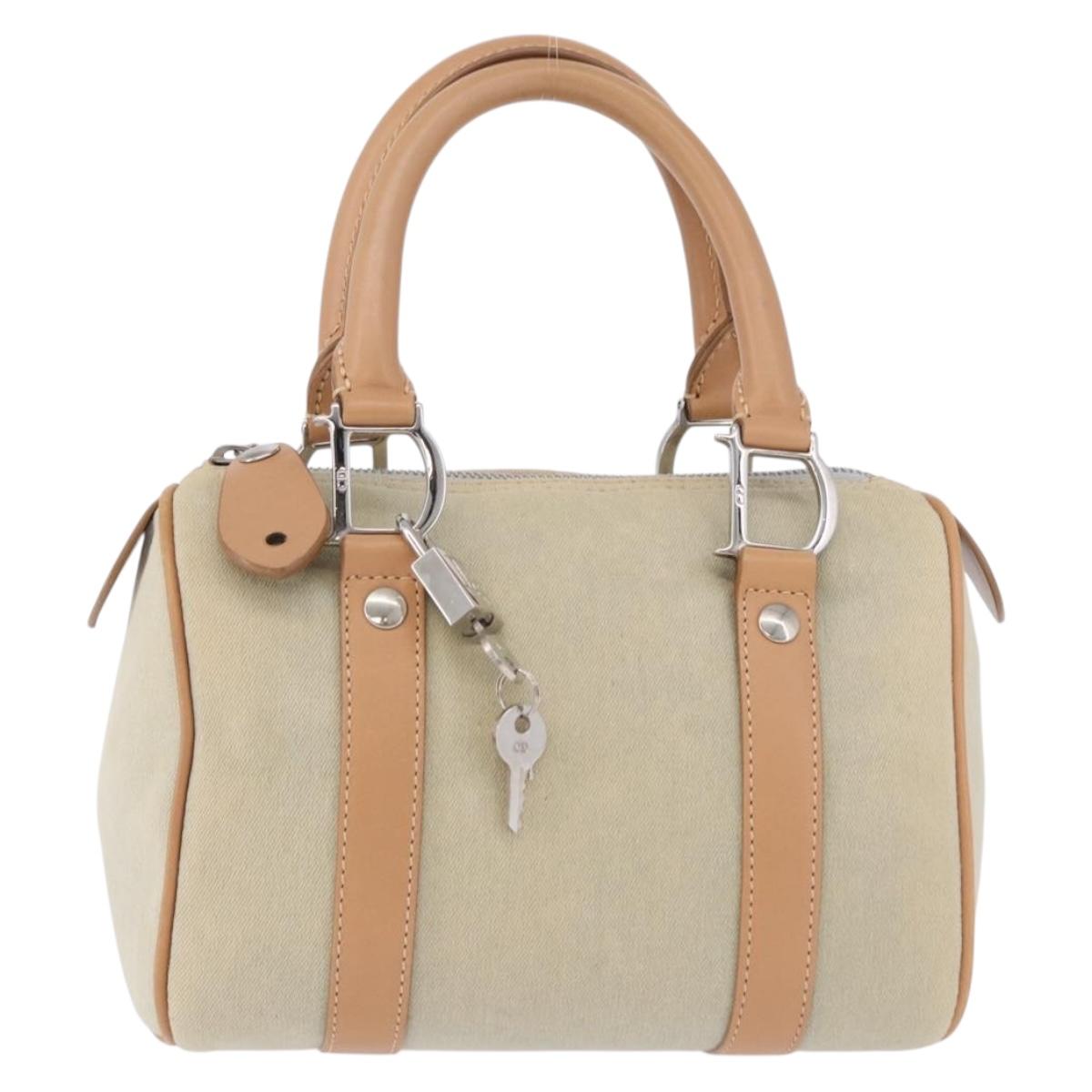 Christian Dior Hand Bag Canvas Beige Silver Auth ka5216A