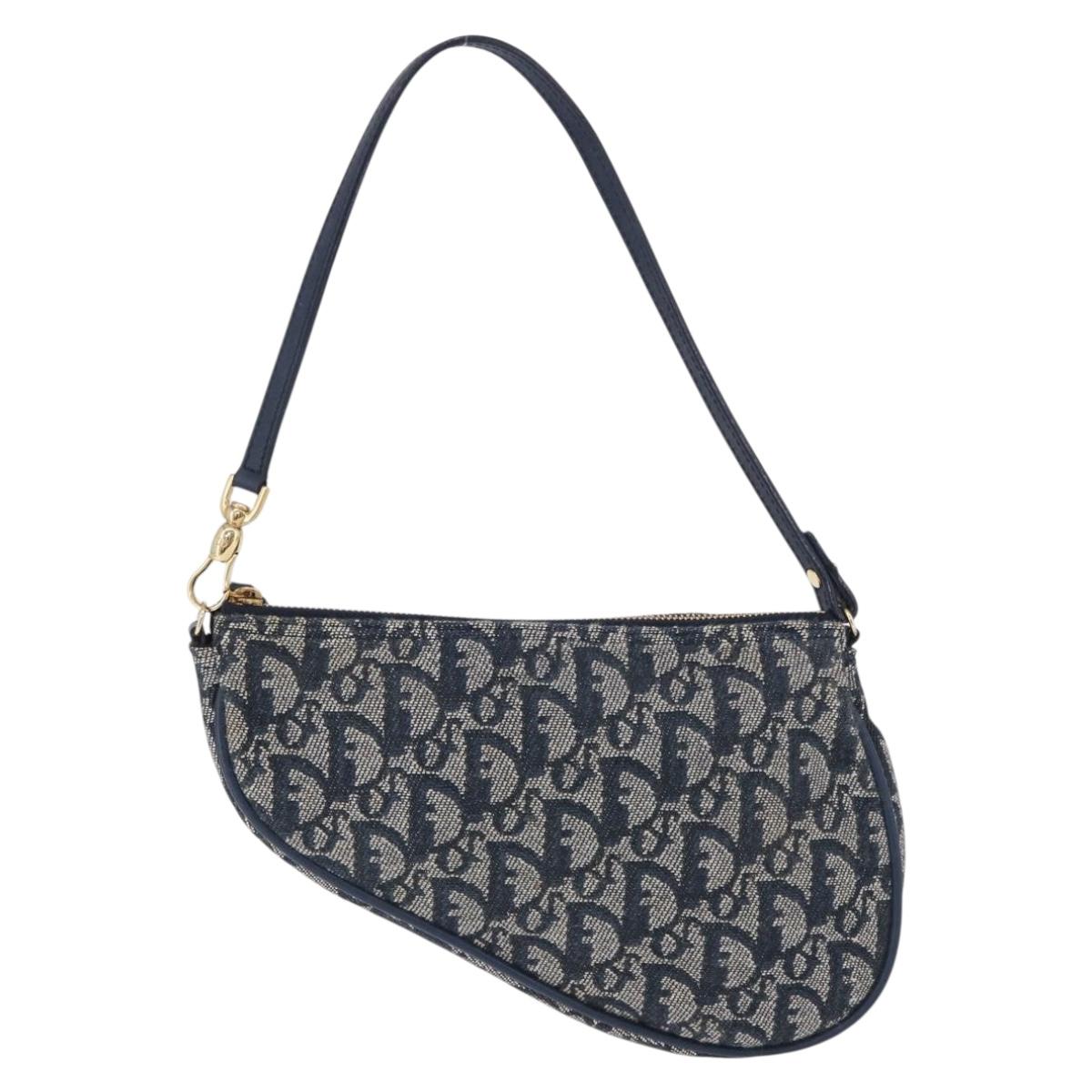 Christian Dior Trotter Canvas Saddle Pouch Navy Gold Auth ka5217