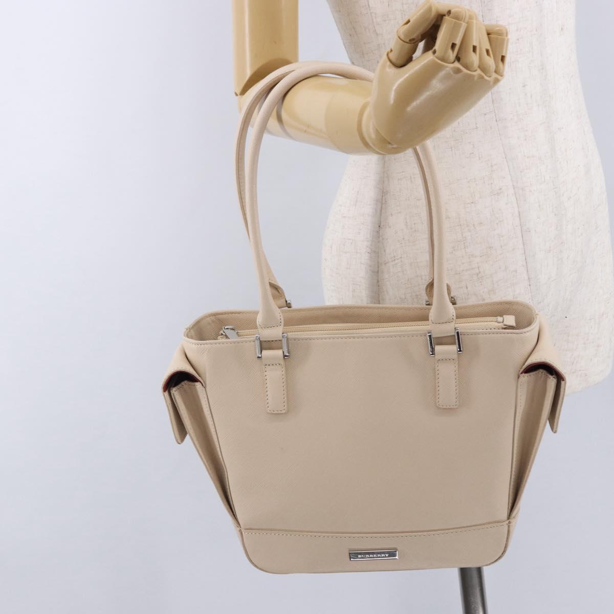 BURBERRY Hand Bag Leather Beige Silver Auth ka5220A
