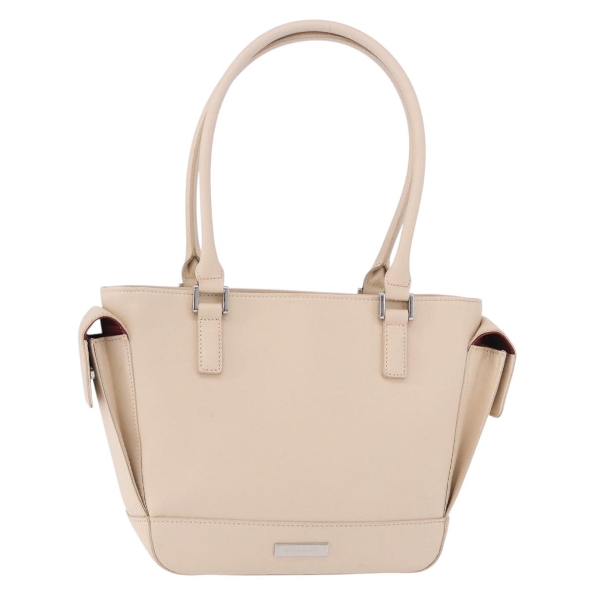 BURBERRY Hand Bag Leather Beige Silver Auth ka5220A