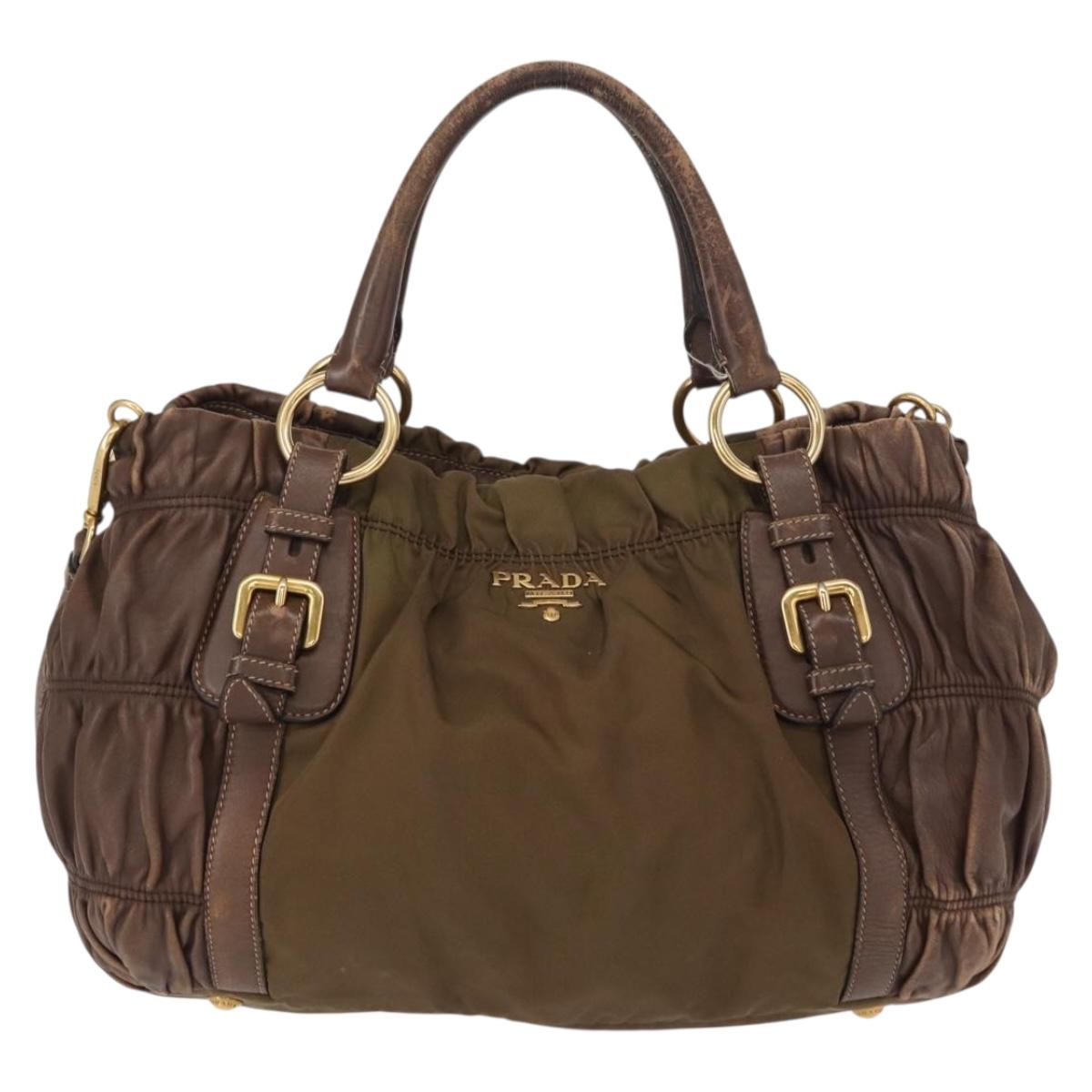 PRADA Hand Bag Nylon 2way Khaki Gold Auth ka523