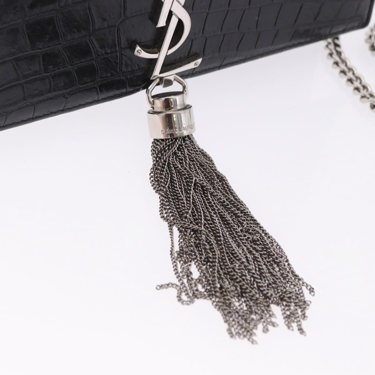 SAINT LAURENT Kate Tassel Chain Bag Leather embossed Black Silver Auth ka5230A