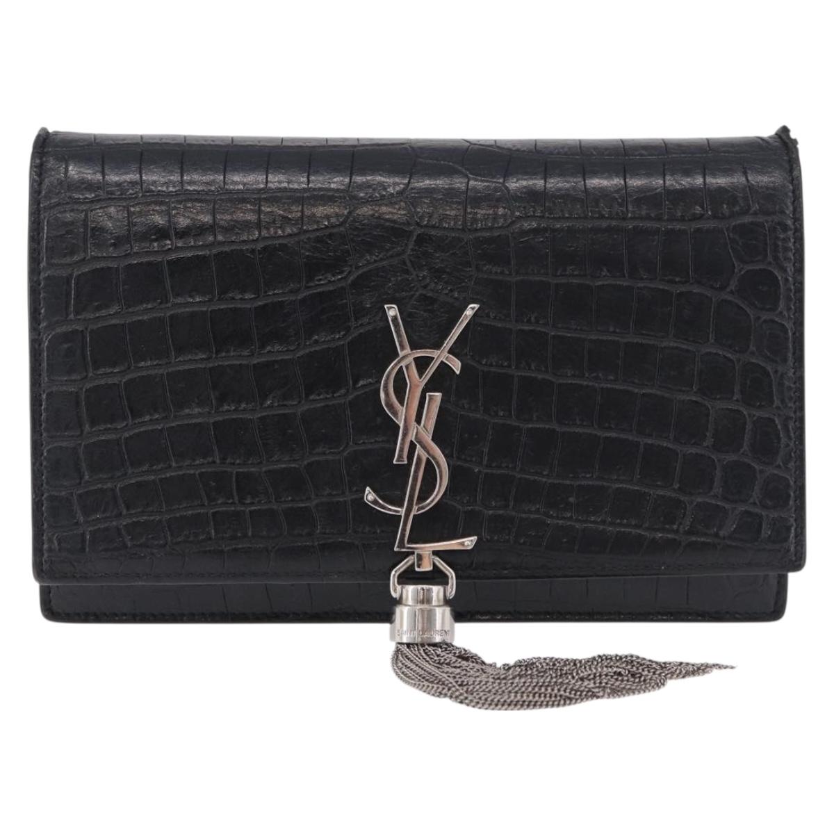SAINT LAURENT Kate Tassel Chain Bag Leather embossed Black Silver Auth ka5230A