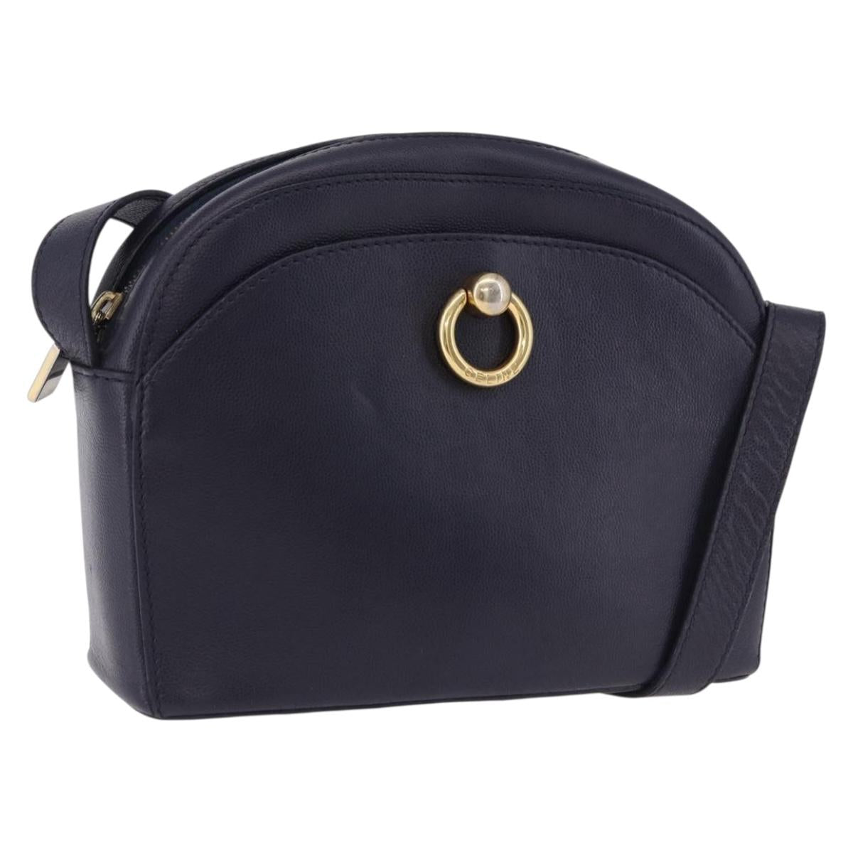 CELINE Shoulder Bag Leather Navy Gold Auth ka5240A