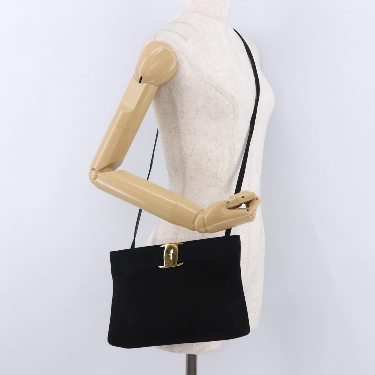 Salvatore Ferragamo Vala Shoulder Bag Suede Black Gold Auth ka5242