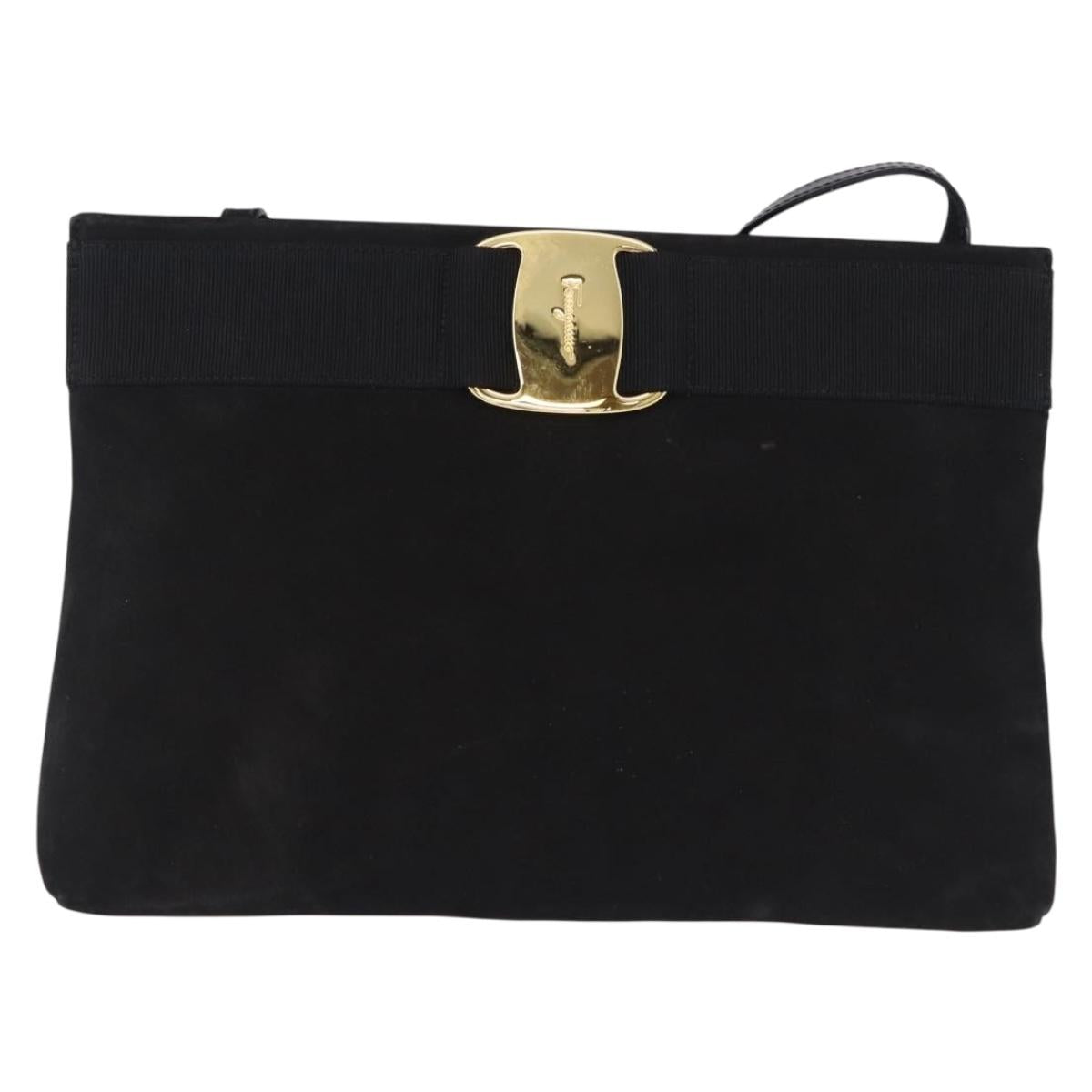 Salvatore Ferragamo Vala Shoulder Bag Suede Black Gold Auth ka5242