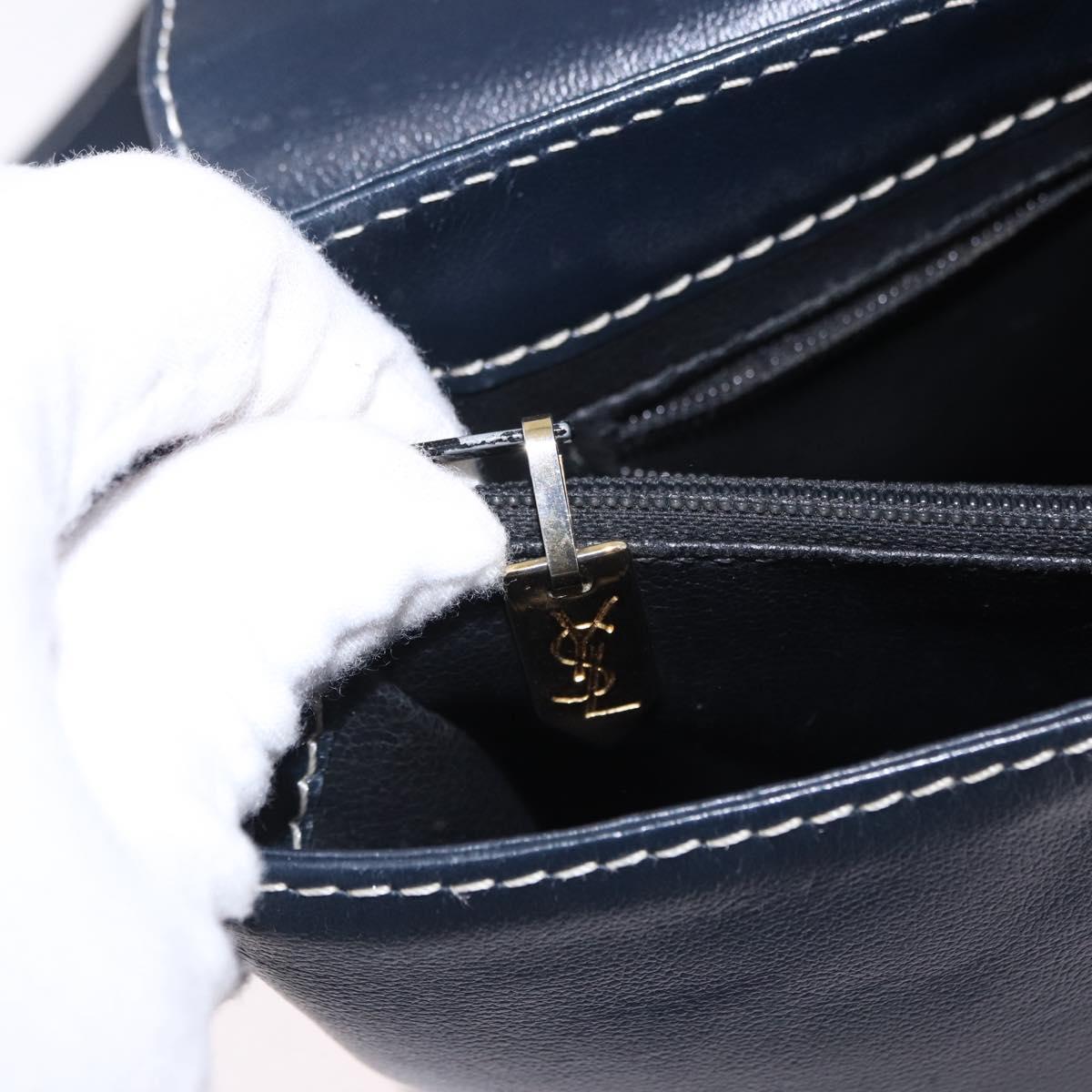 SAINT LAURENT Shoulder Bag Leather Navy Gold Auth ka5243A