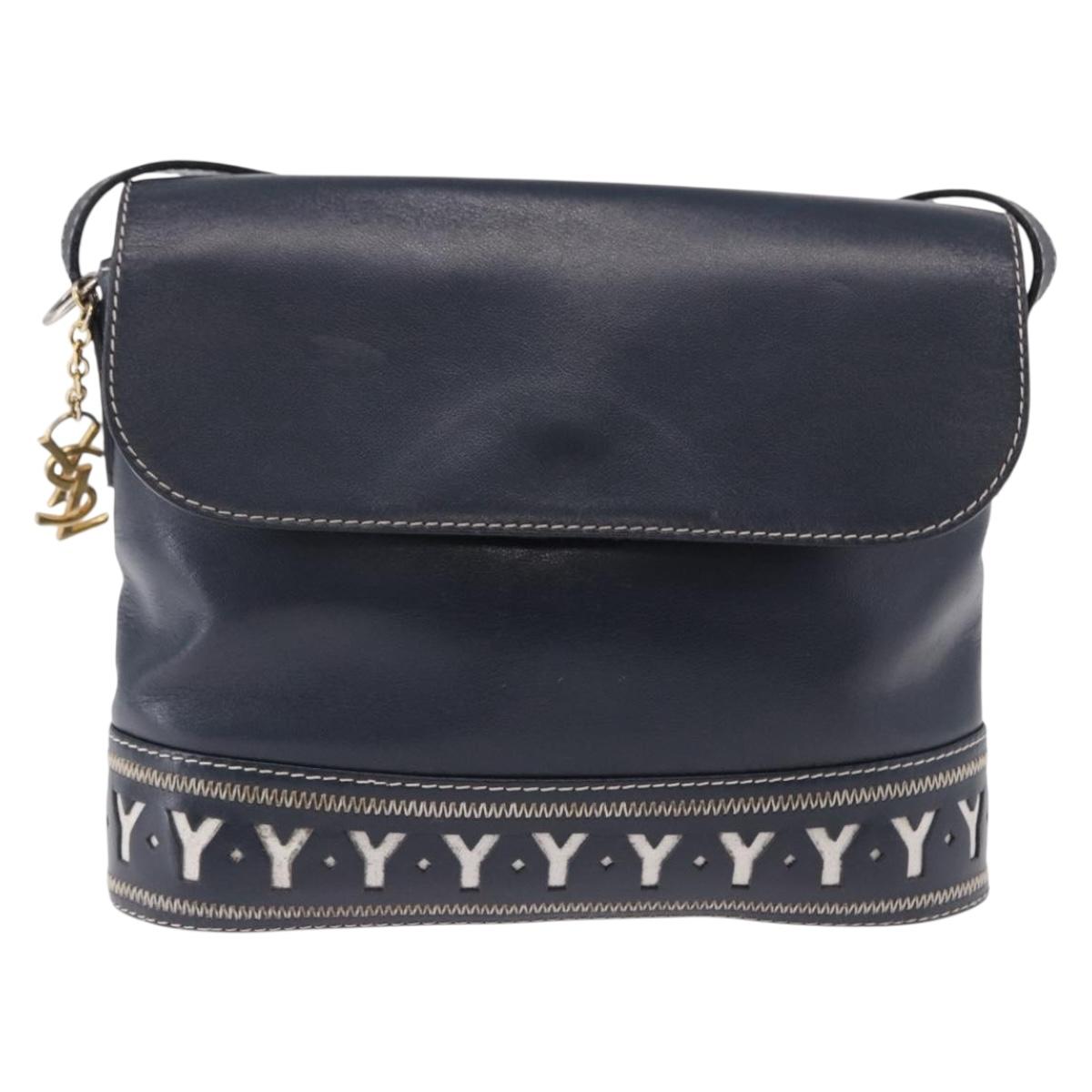 SAINT LAURENT Shoulder Bag Leather Navy Gold Auth ka5243A