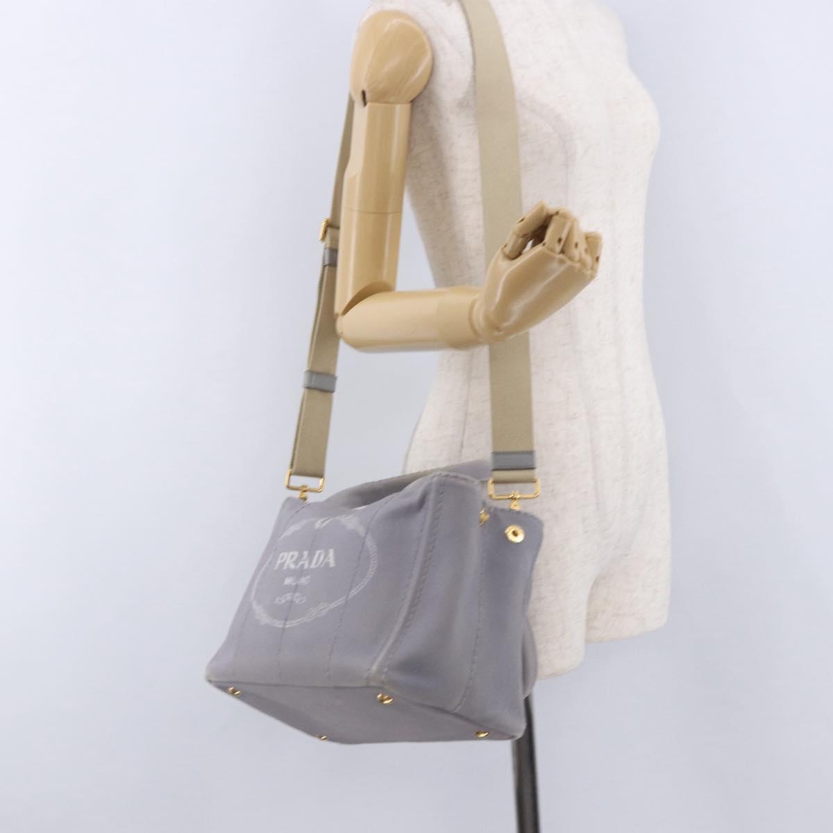 PRADA Canapa PM Hand Bag Canvas 2way Gray Gold Auth ka5264