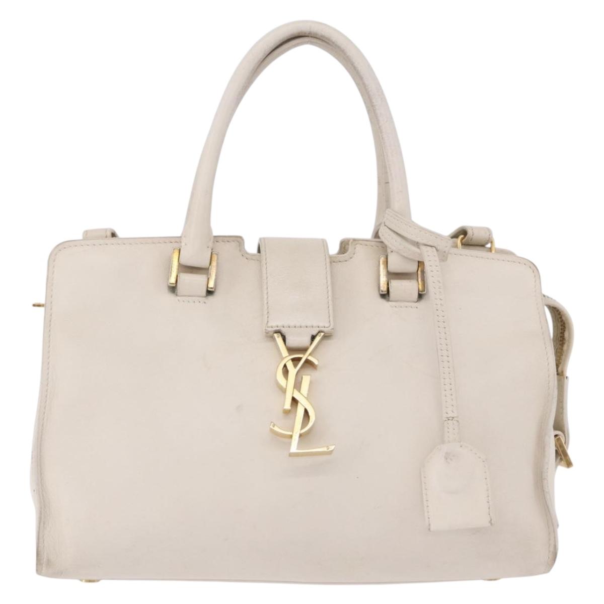 SAINT LAURENT Leather Baby Kabas Hand Bag 2way Beige Gold Auth ka5267
