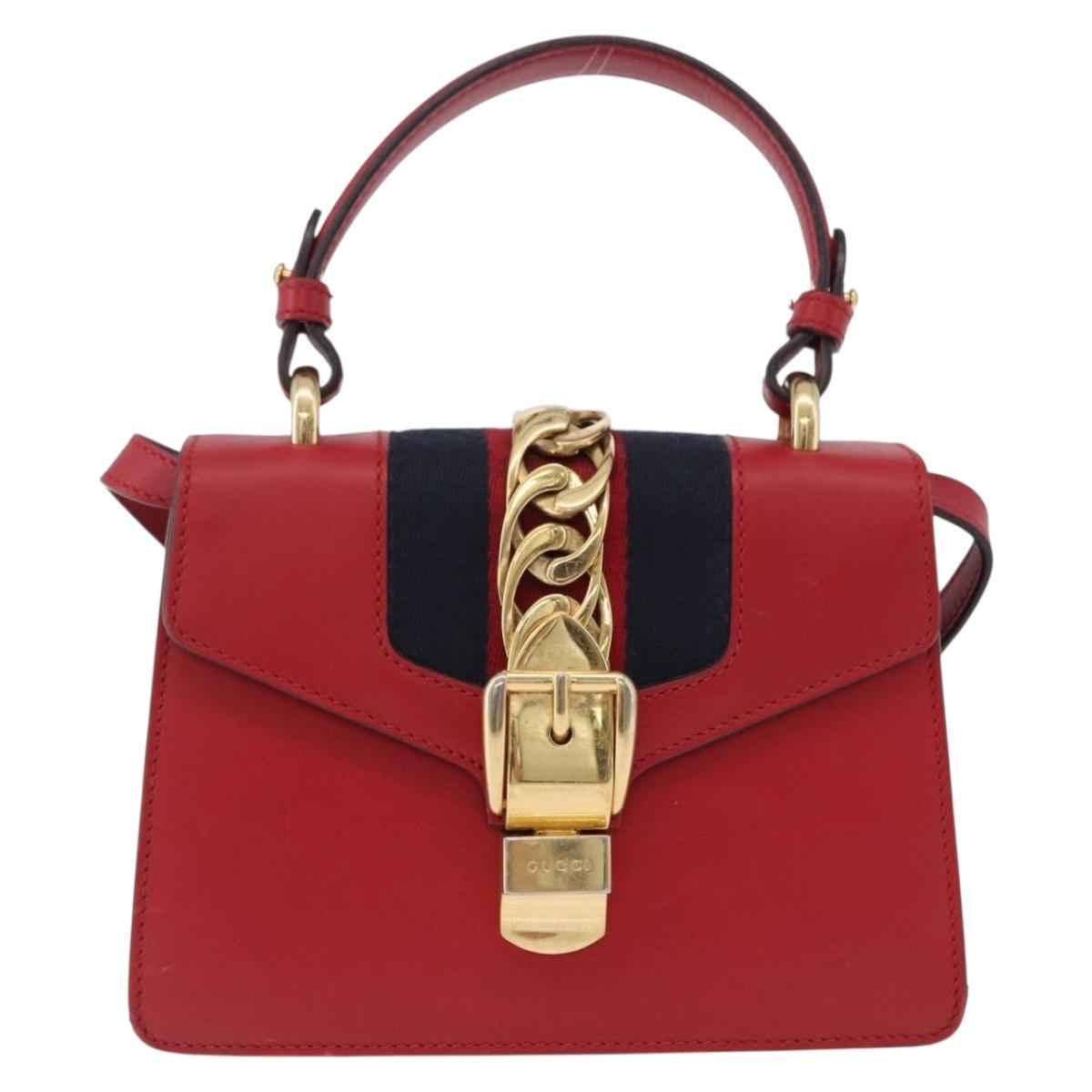 GUCCI Silvi Sherry Line Hand Bag Leather 2way Red Gold 470270 Auth ka5271