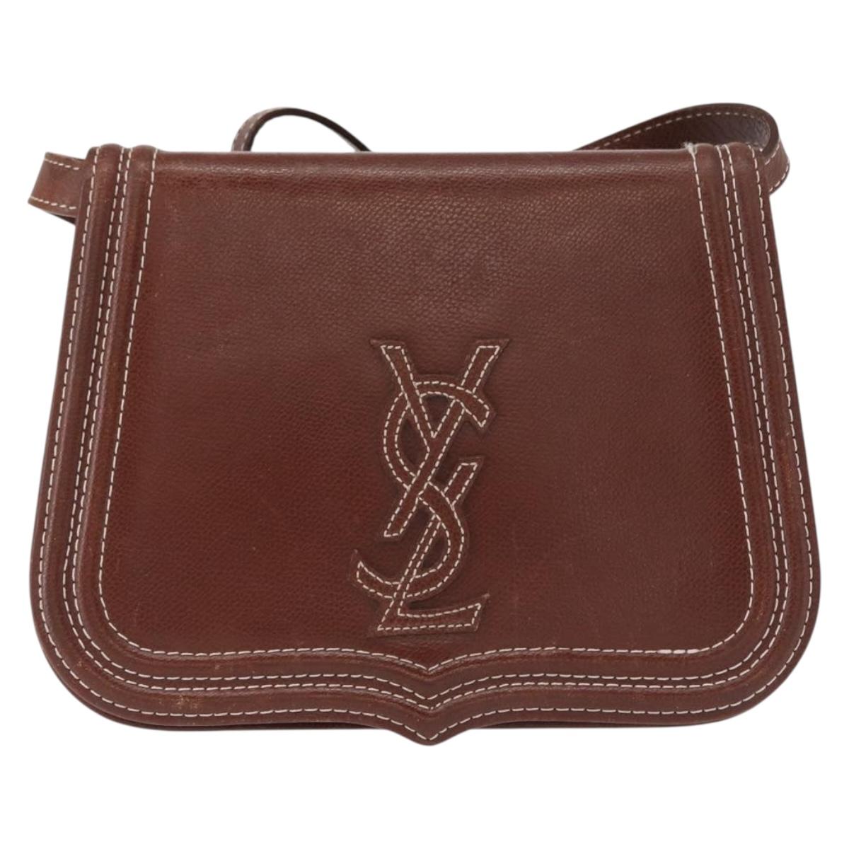 SAINT LAURENT Shoulder Bag Leather Brown Gold Auth ka528