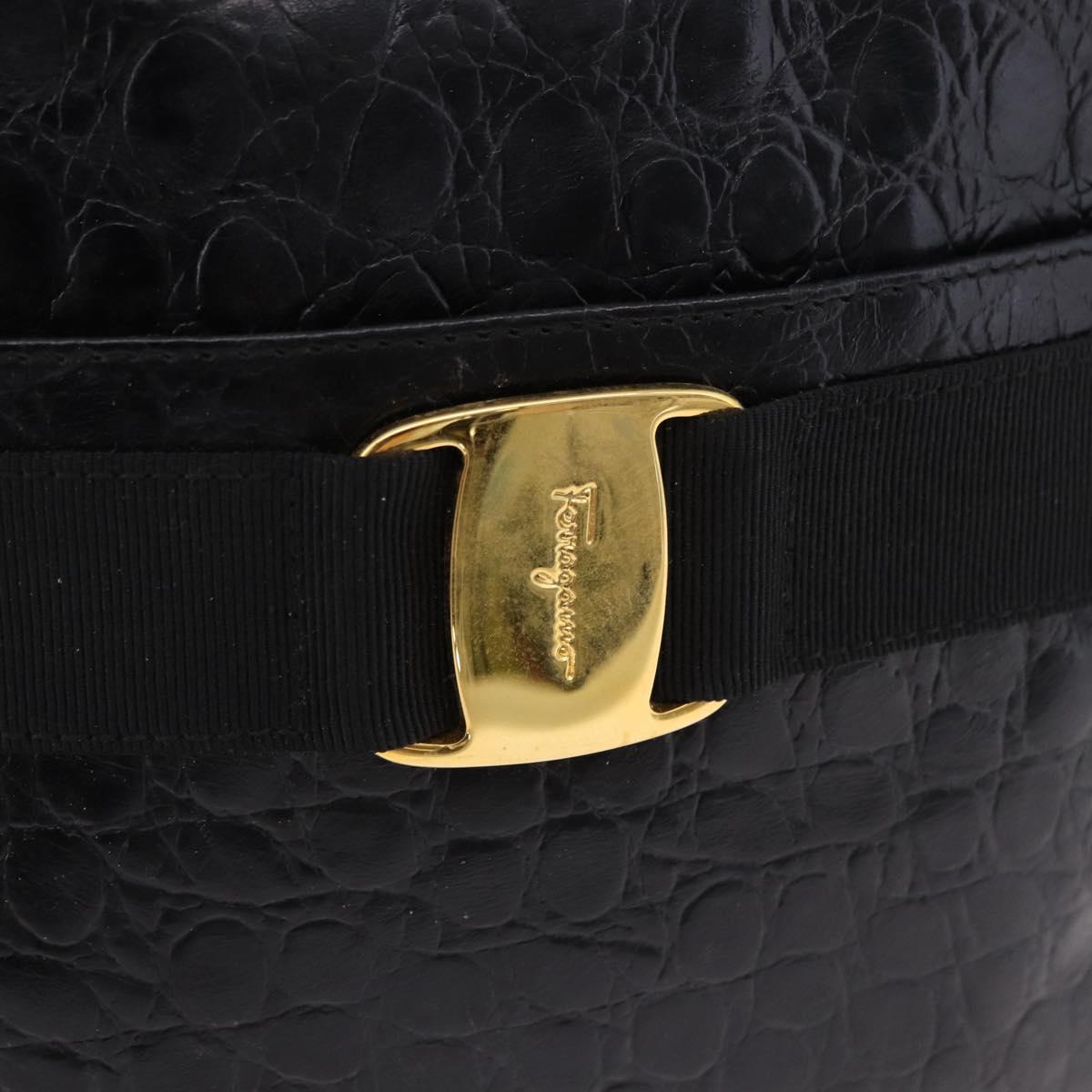 Salvatore Ferragamo Vala Shoulder Bag Leather Embossed Black Gold Auth ka5282