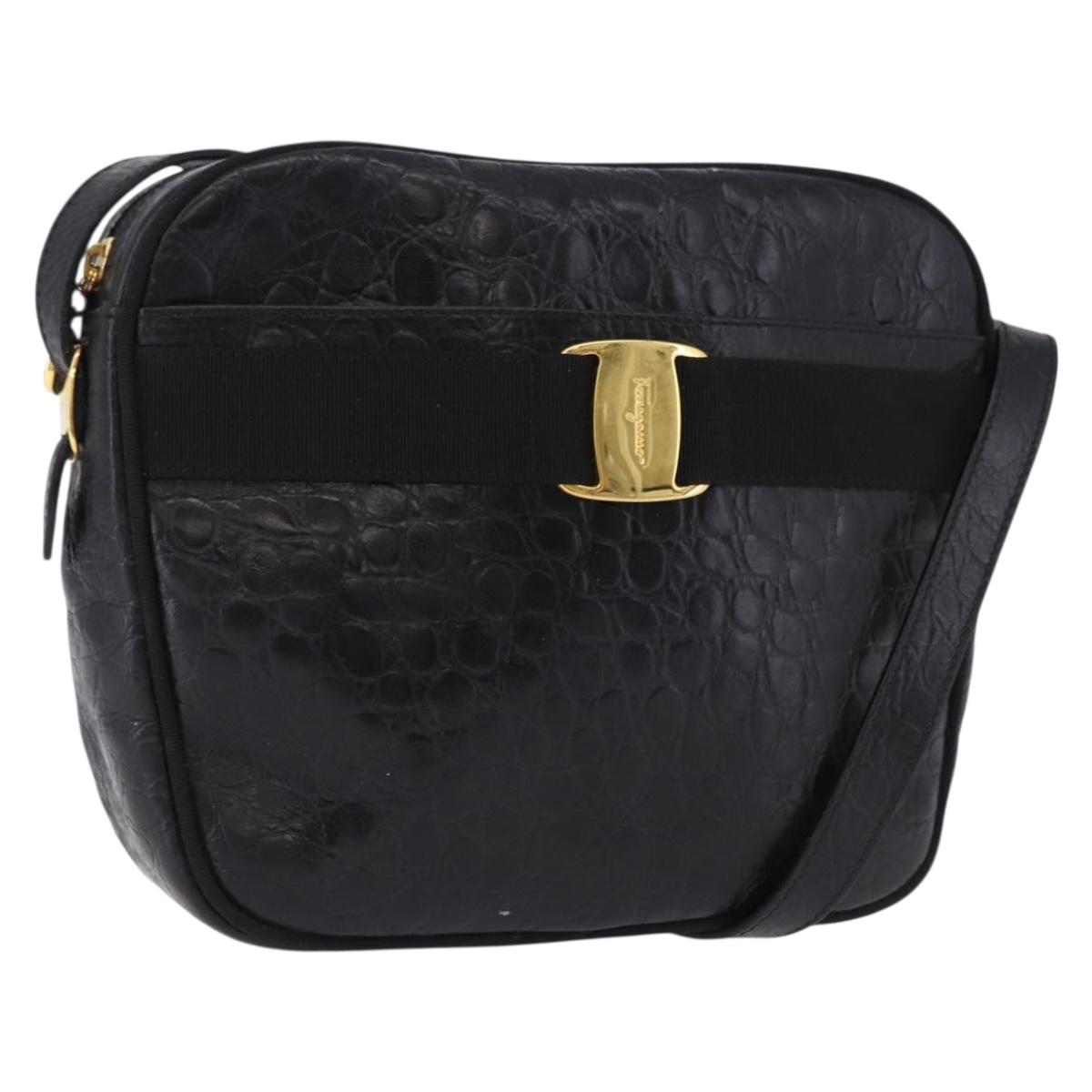 Salvatore Ferragamo Vala Shoulder Bag Leather Embossed Black Gold Auth ka5282