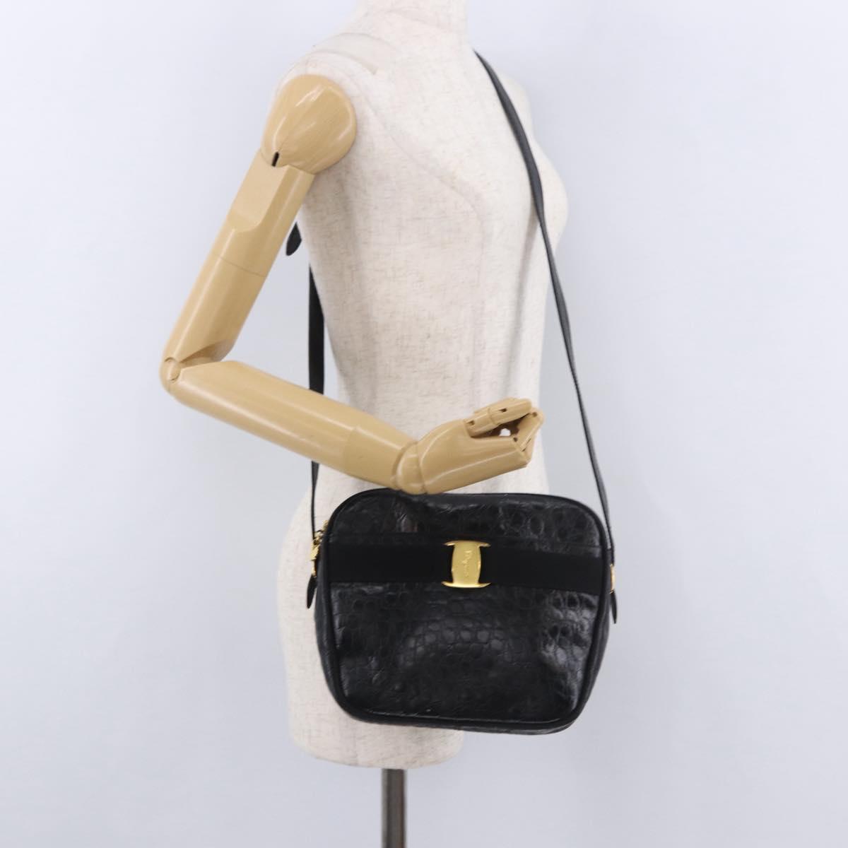 Salvatore Ferragamo Vala Shoulder Bag Leather Embossed Black Gold Auth ka5282