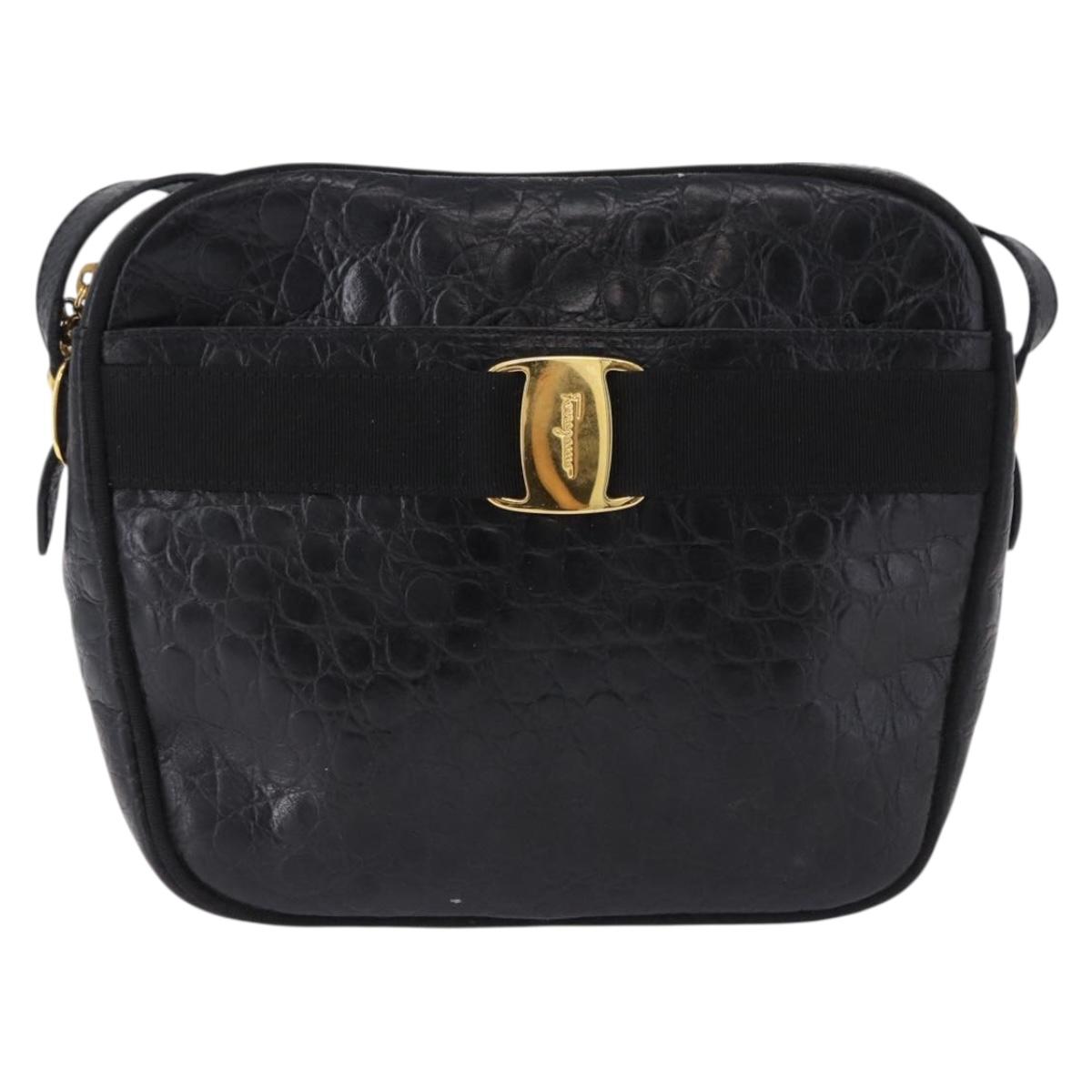 Salvatore Ferragamo Vala Shoulder Bag Leather Embossed Black Gold Auth ka5282