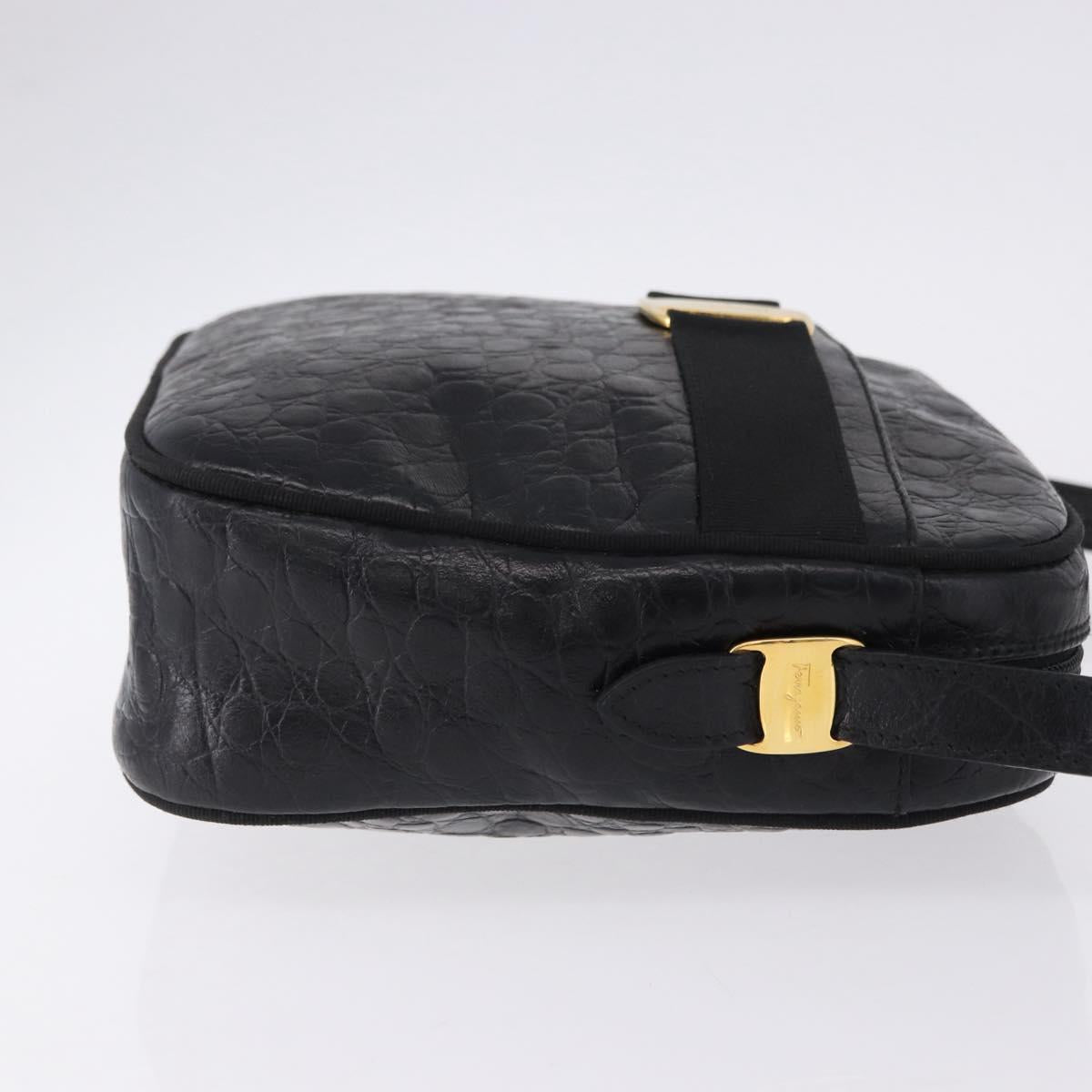 Salvatore Ferragamo Vala Shoulder Bag Leather Embossed Black Gold Auth ka5282