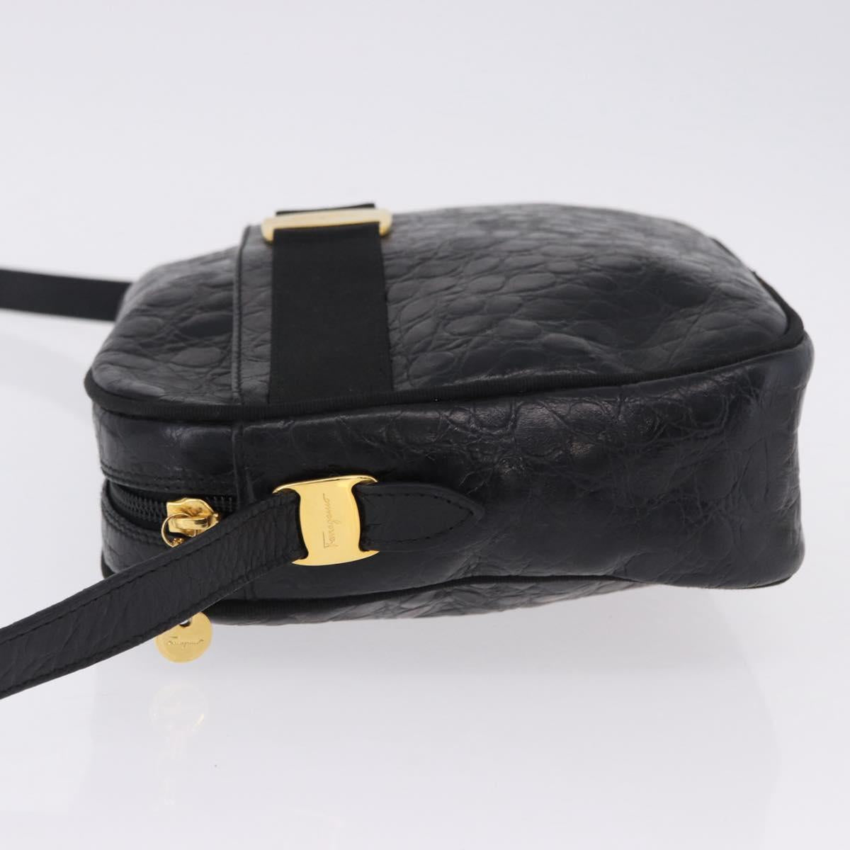 Salvatore Ferragamo Vala Shoulder Bag Leather Embossed Black Gold Auth ka5282