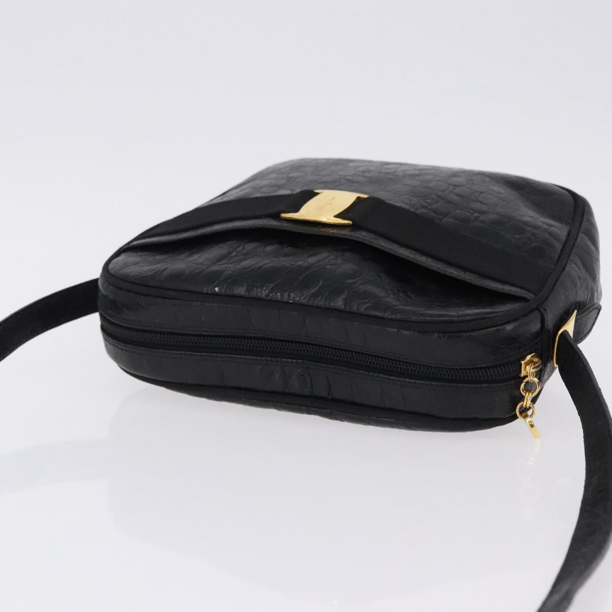 Salvatore Ferragamo Vala Shoulder Bag Leather Embossed Black Gold Auth ka5282